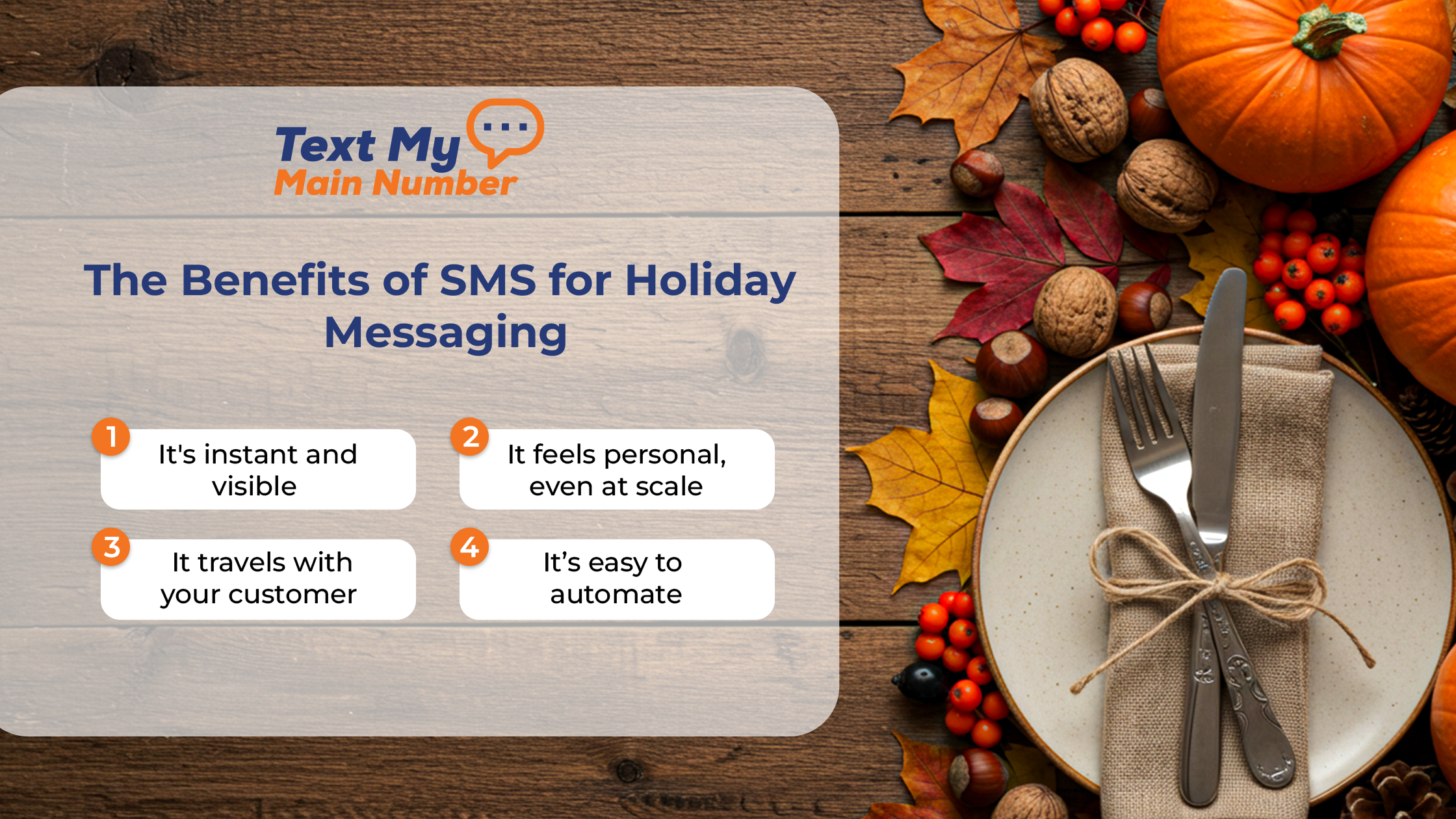 Holiday SMS marketing benefits graphic showing why text messaging boosts engagement during Thanksgiving.
