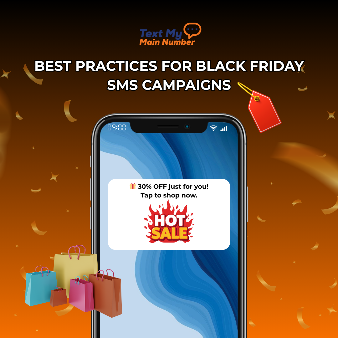 Illustration of a Black Friday SMS campaign on a smartphone with a hot sale message, representing best practices for holiday text marketing.