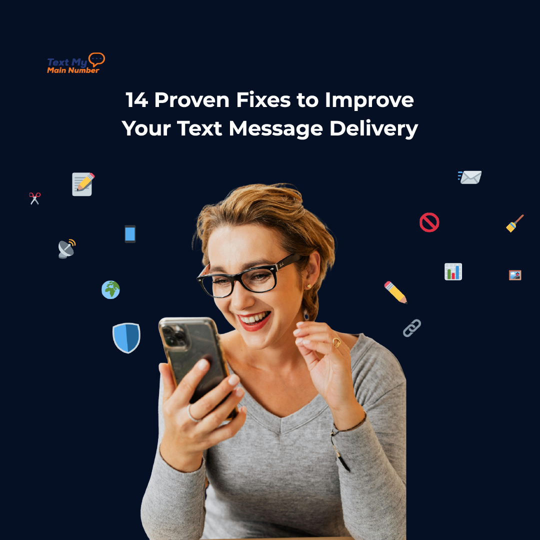 Happy customer reading a successfully delivered business text message with icons representing fixes for SMS delivery issues.