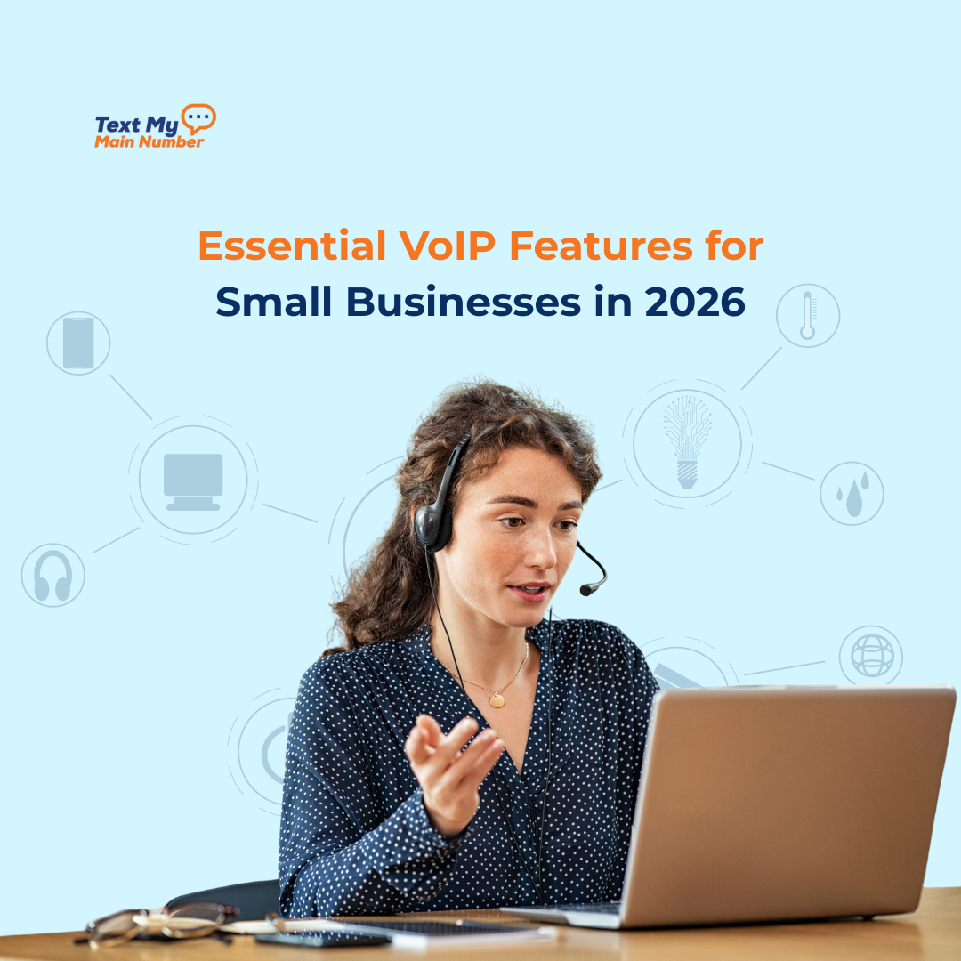 Businesswoman using a headset while working on a laptop, representing essential VoIP features for small businesses in 2026 with communication icons in the background.