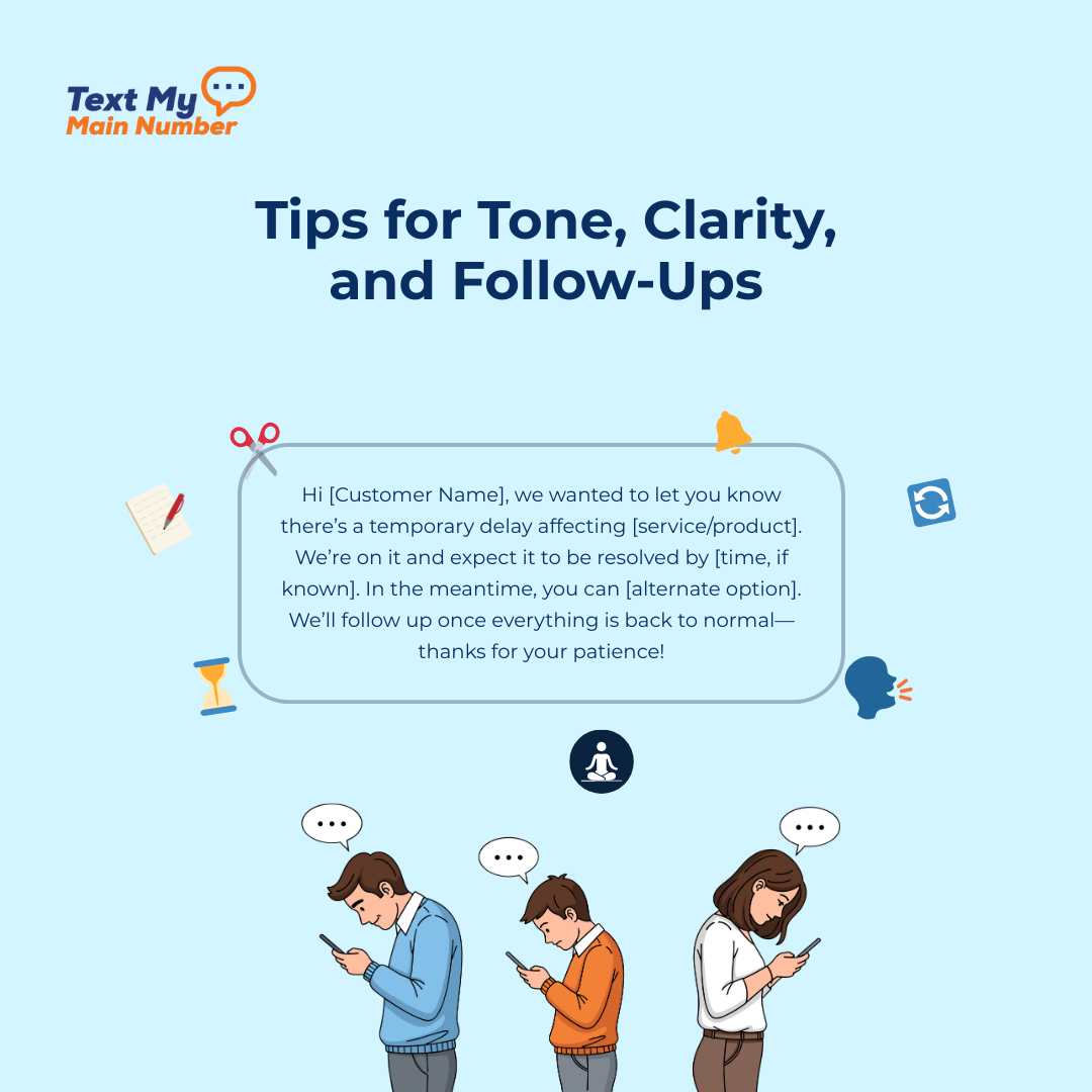 Illustration showing tips for tone, clarity, and follow-ups in customer delay and outage notification messages, with example text message and communication icons.