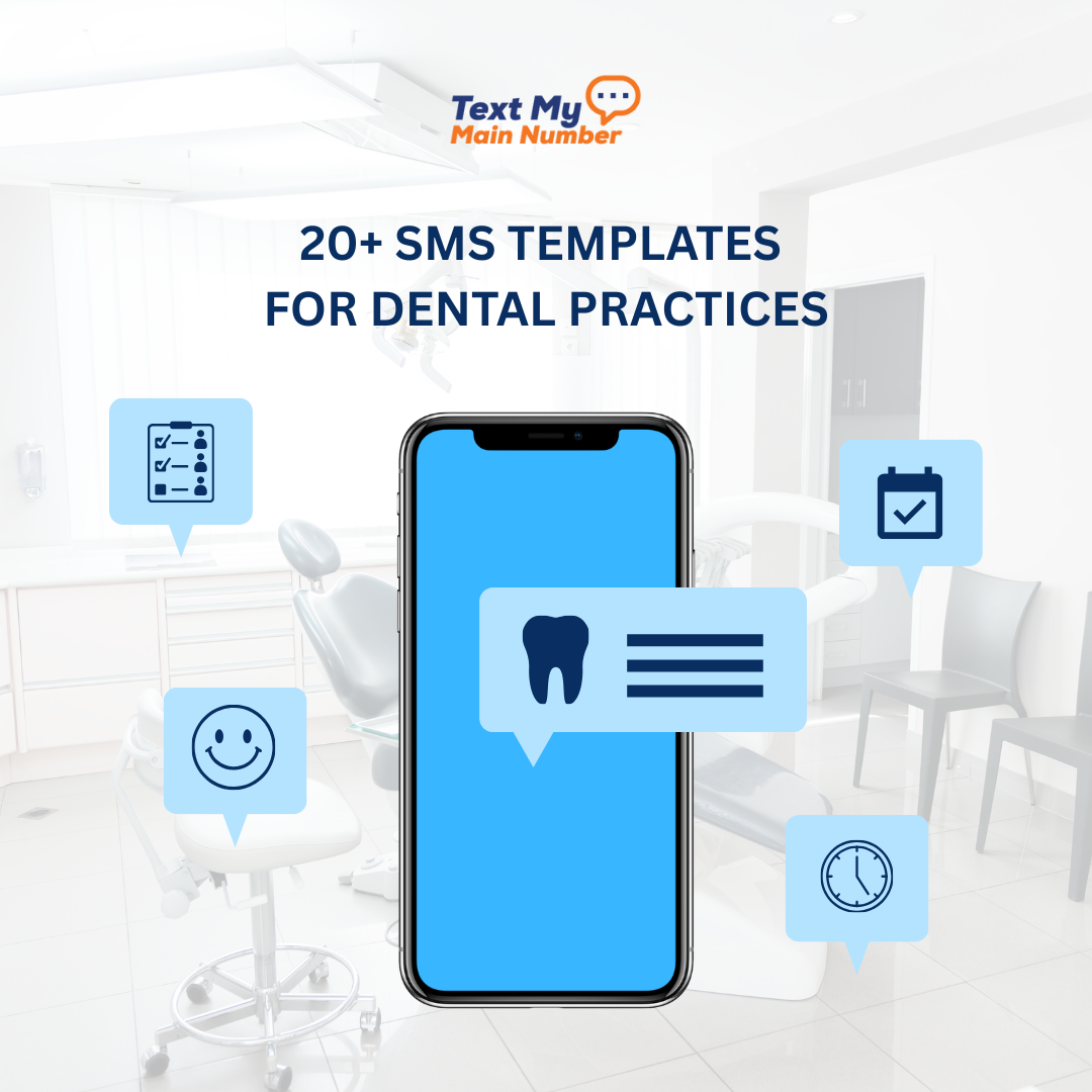 Illustration showing 20+ SMS templates for dental practices, featuring a smartphone with dental text messages and icons representing appointment reminders, confirmations, patient feedback, and scheduling.