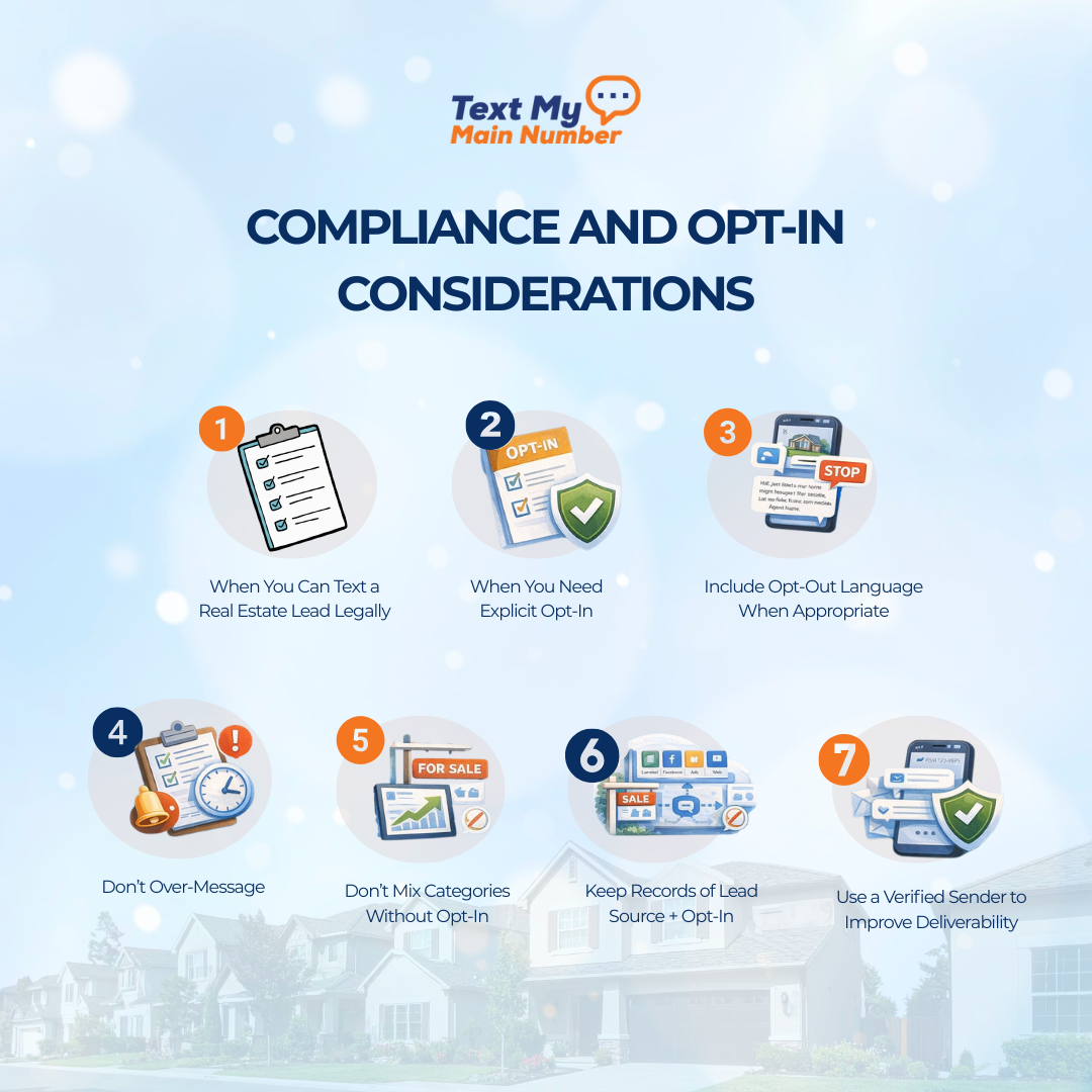 Compliance and opt-in guidelines for real estate SMS, including consent rules, opt-out requirements, messaging limits, and lead recordkeeping