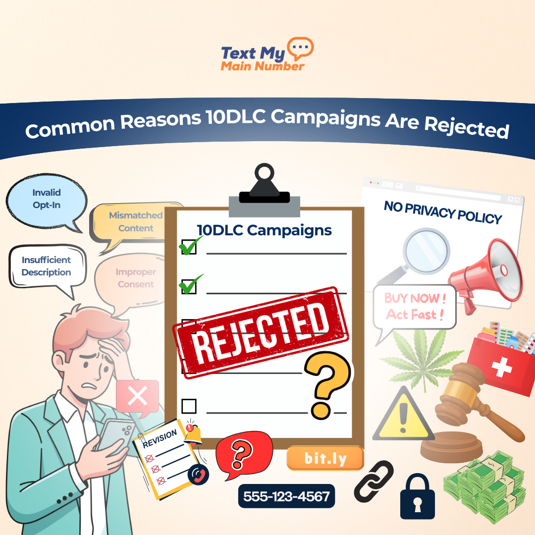 Illustration showing common reasons 10DLC campaigns are rejected, including invalid opt-in, insufficient campaign description, mismatched content, missing privacy policy, prohibited messaging, and carrier compliance issues.