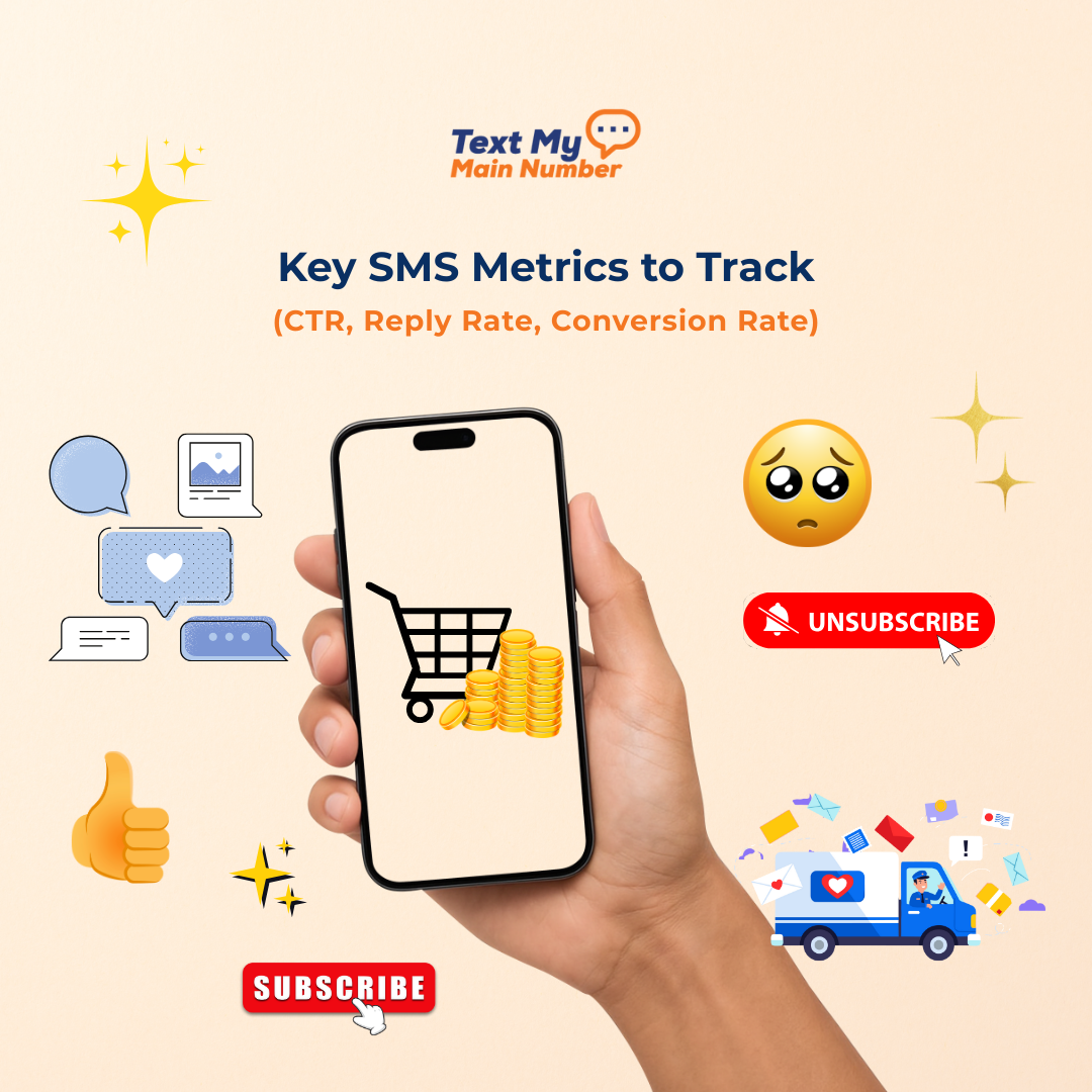 Key SMS marketing metrics graphic showing how to track CTR, reply rate, and conversion rate to measure text message marketing performance and ROI.