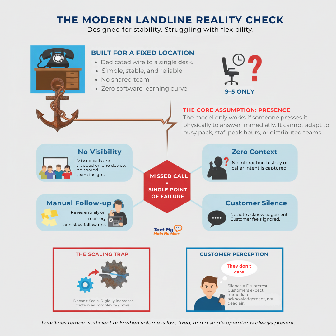 Diagram explaining modern landline limitations for small businesses, showing missed calls as a single point of failure with no visibility, no context, manual follow-up, and customer silence.