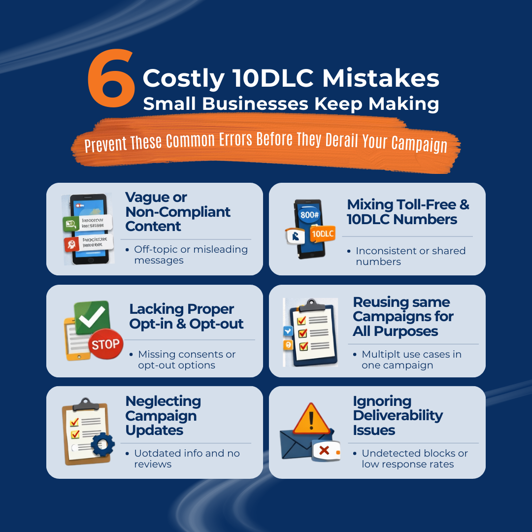 Infographic outlining six costly 10DLC mistakes small businesses make, including non-compliant content, mixing toll-free and 10DLC numbers, missing opt-ins, reusing campaigns, neglecting updates, and ignoring deliverability issues