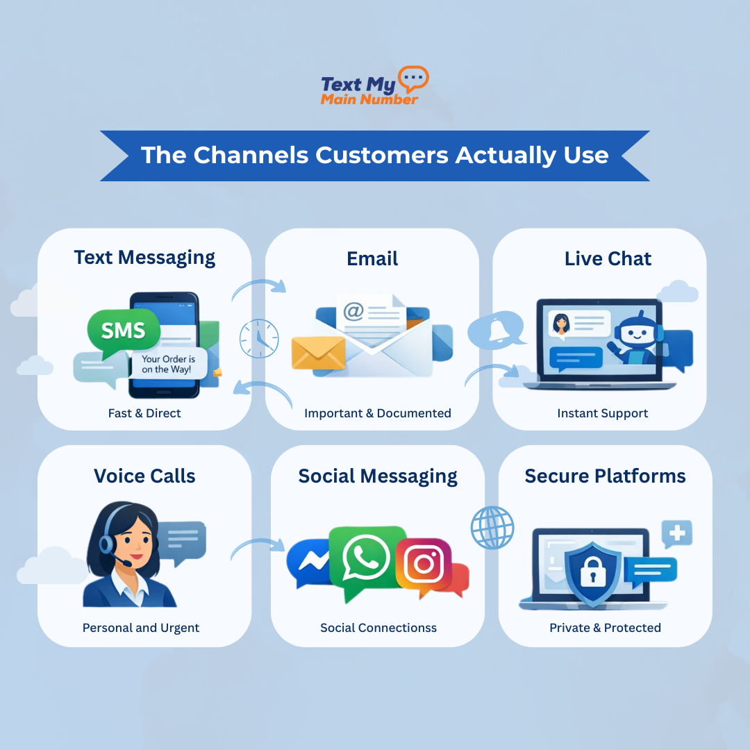 Diagram showing the customer communication channels people actually use, including SMS text messaging, email, live chat, voice calls, social messaging, and secure platforms.