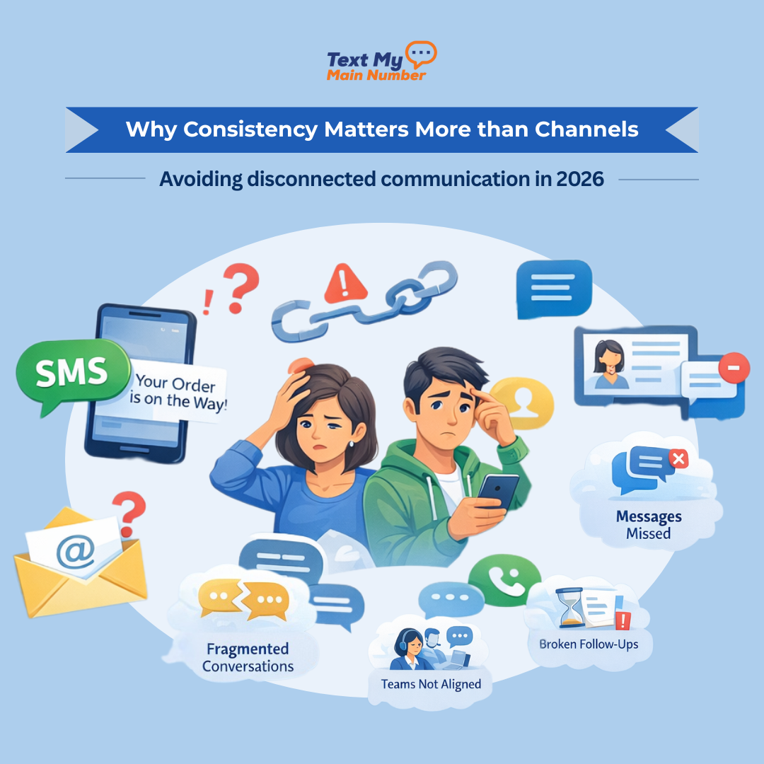 Illustration showing the problems of disconnected customer communication, including fragmented conversations, missed messages, broken follow-ups, and inconsistent replies across SMS, email, chat, and voice.