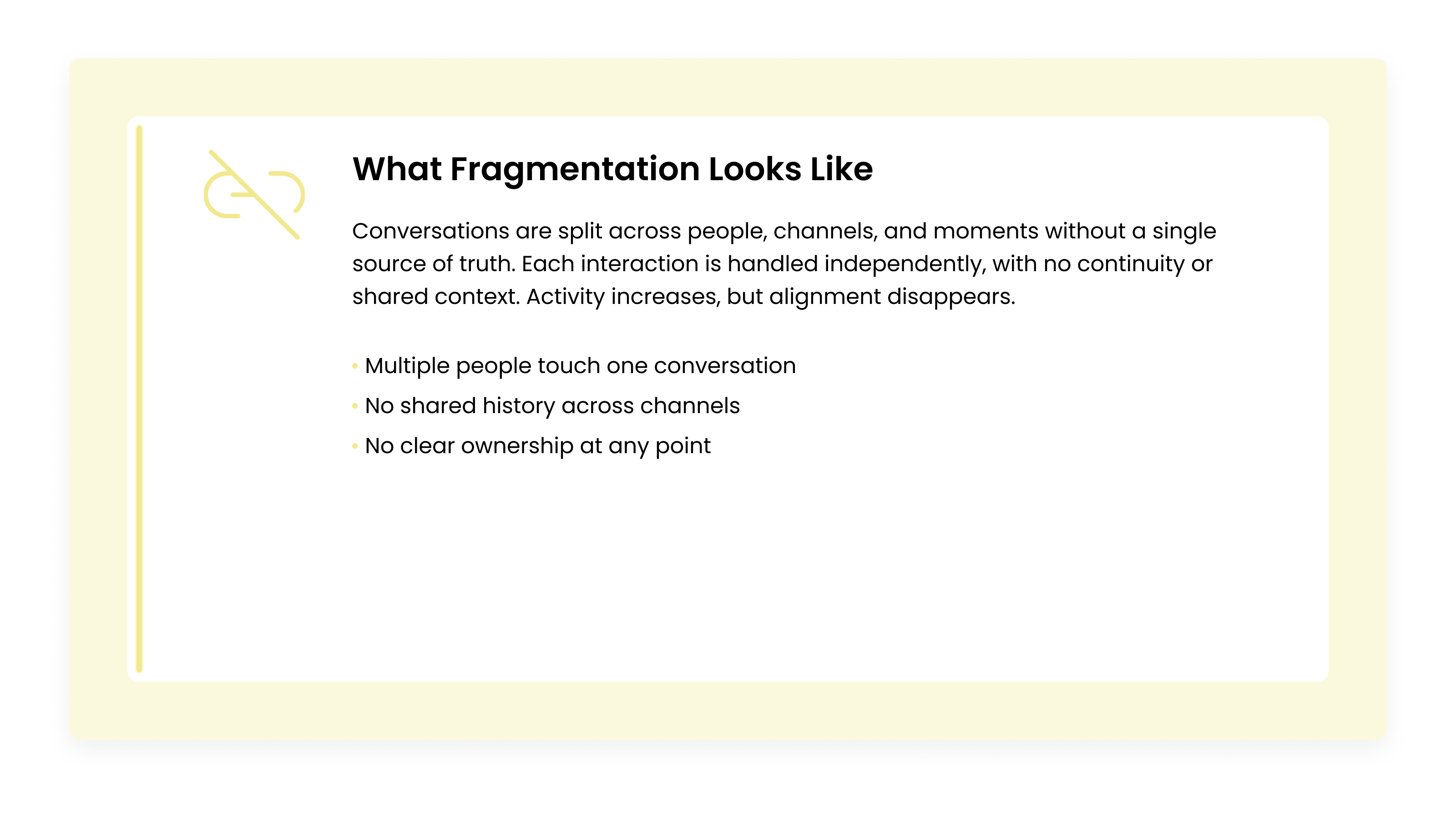 Flow showing a customer message moving between team members without shared context or ownership