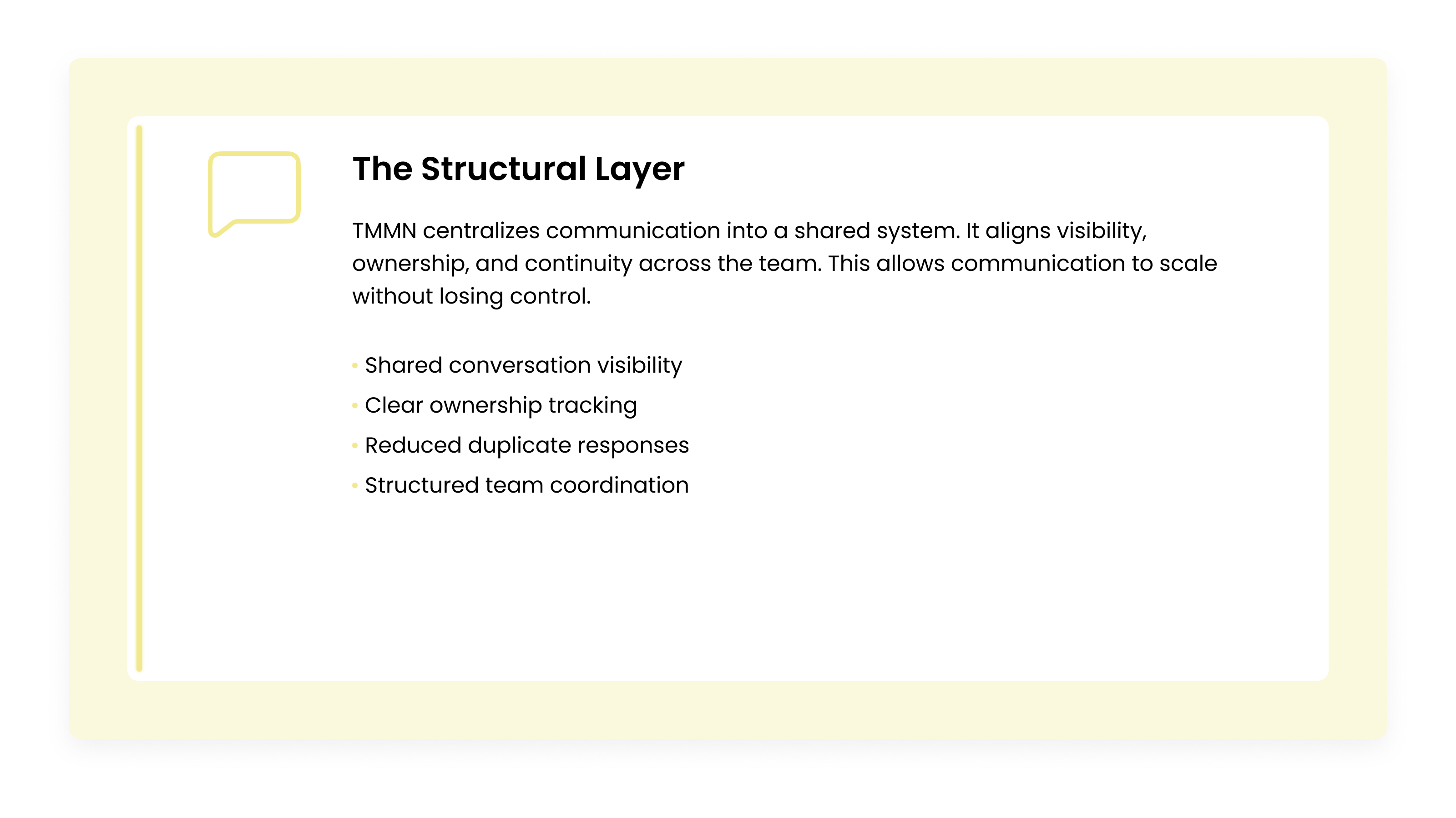 The Structural Layer card describing how TMMN centralizes conversations, improves visibility, and ensures consistent ownership and coordination across teams.