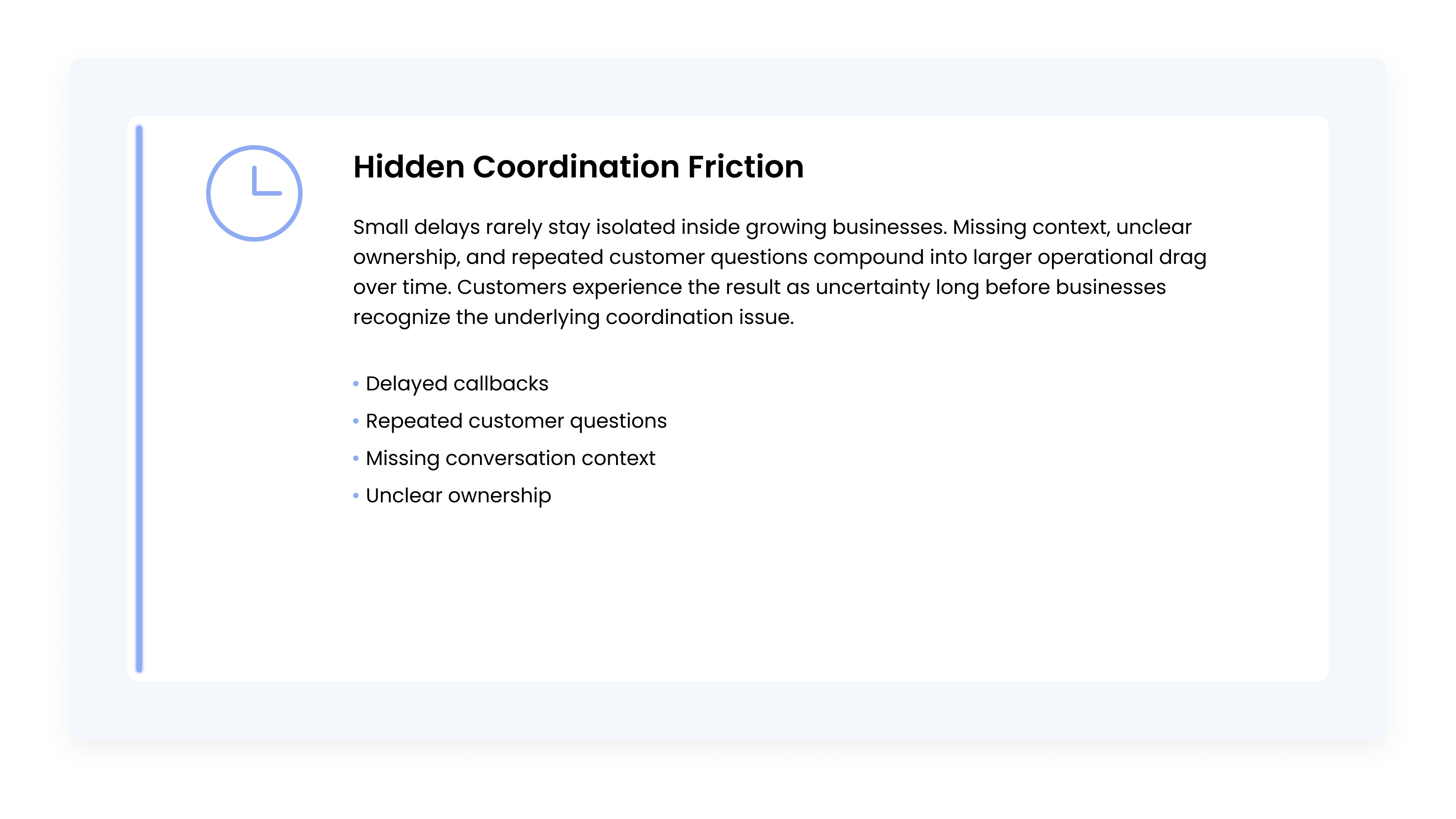 Hidden Coordination Friction concept card illustrating how delayed callbacks, missing context, and unclear ownership create operational communication problems.