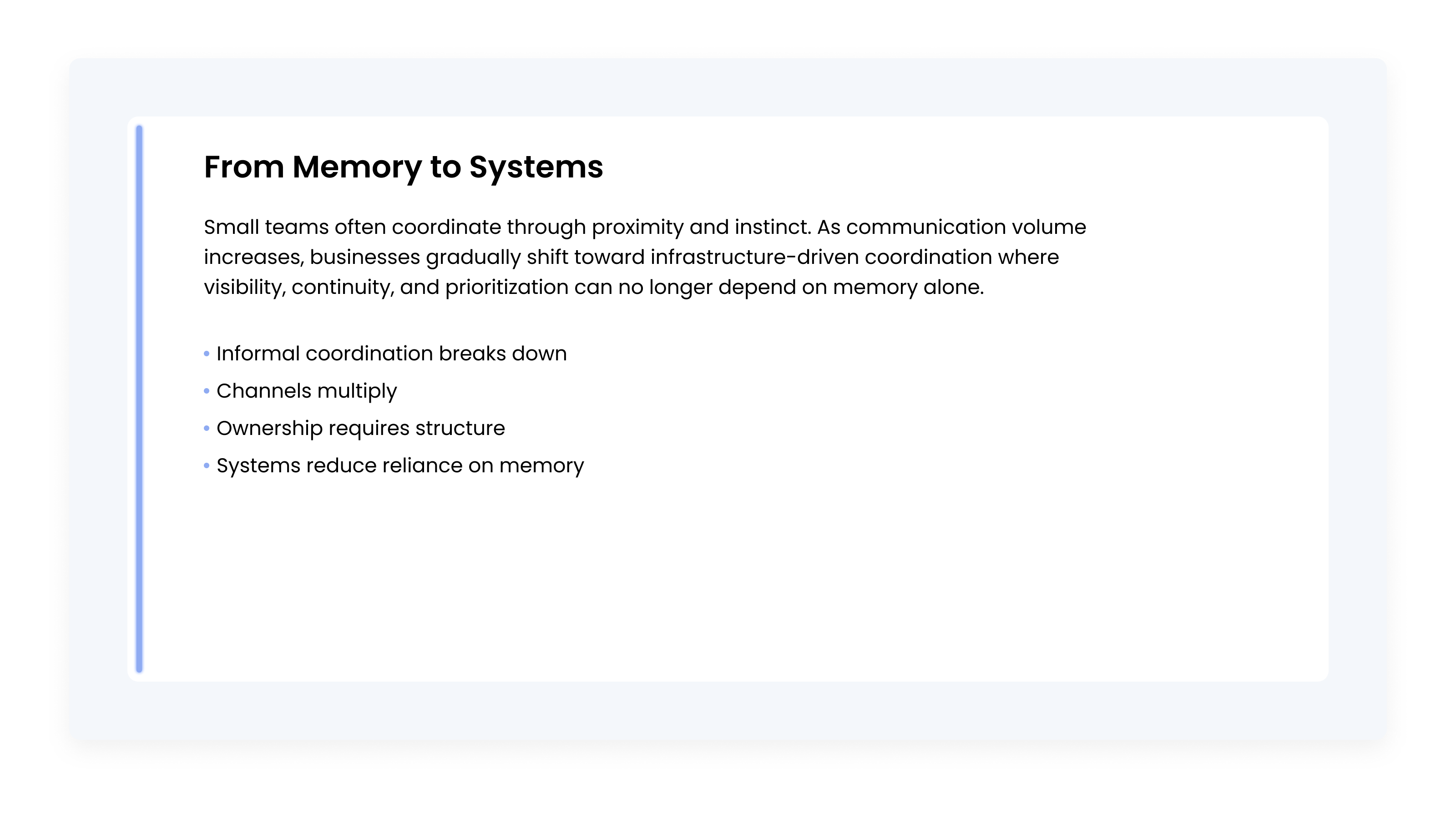 From Memory to Systems concept card showing how growing businesses transition from informal communication handling into structured operational coordination systems.