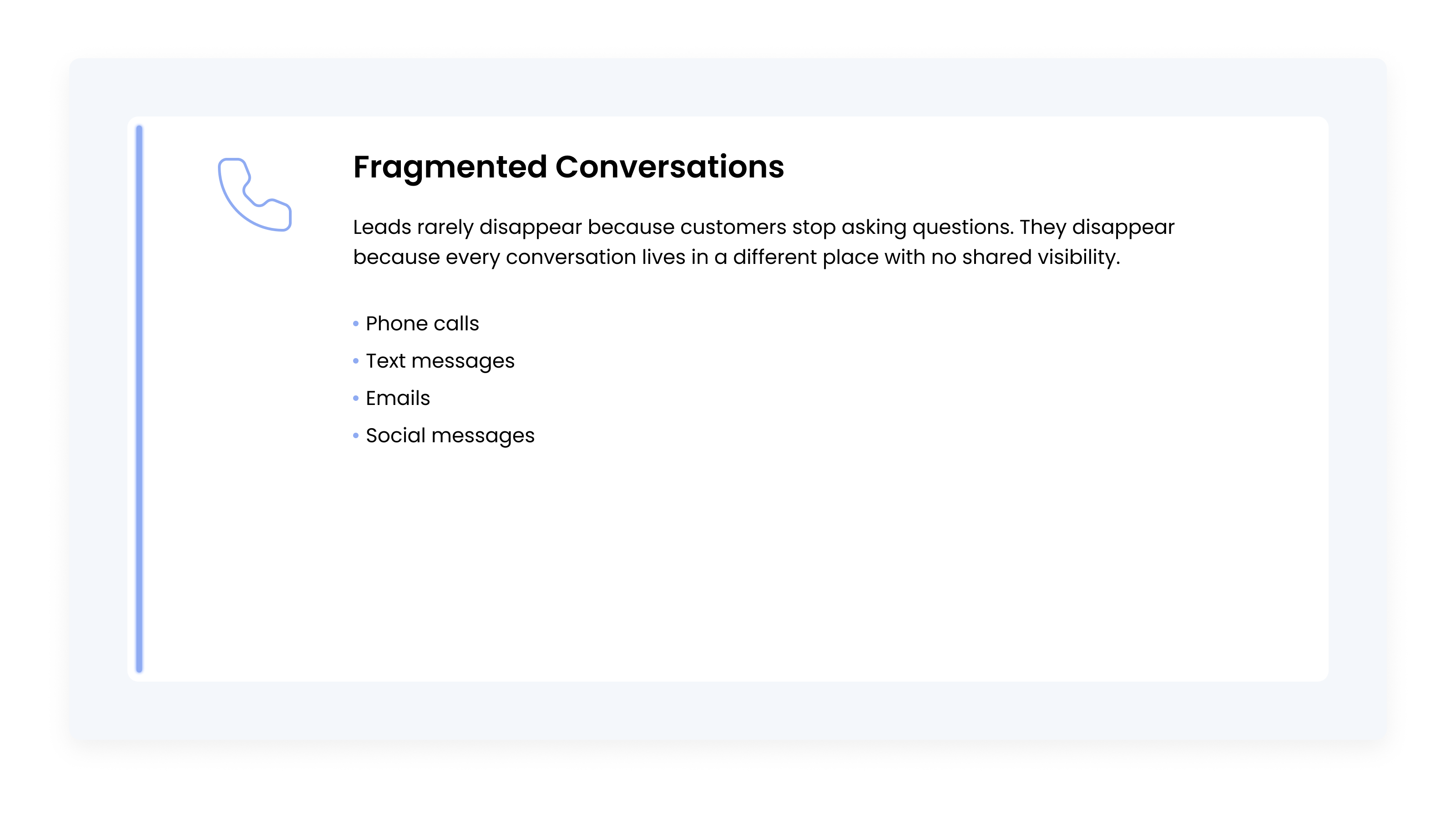 Diagram showing how customer inquiries from phone calls, text messages, emails, and social media become disconnected without a unified lead management system.