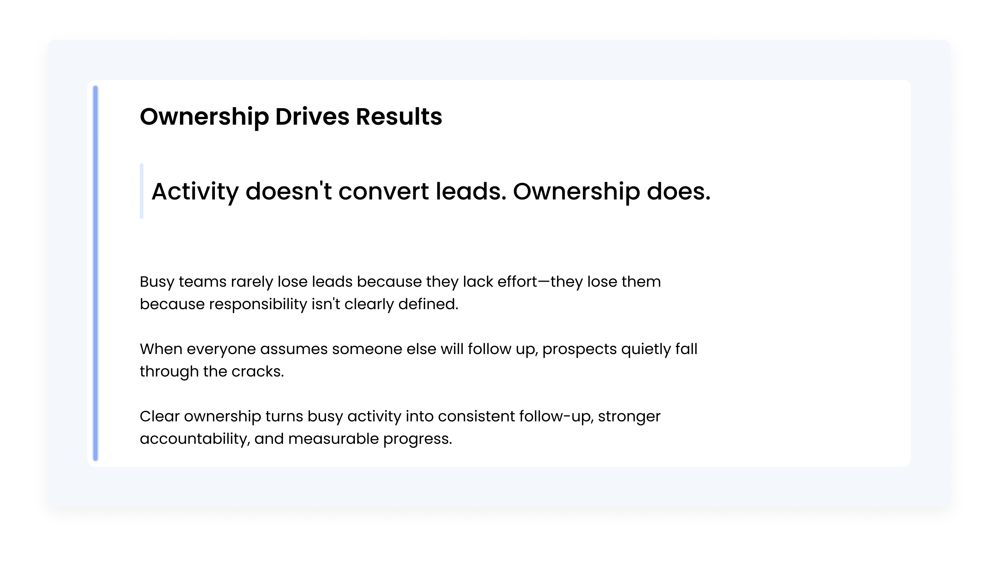 Callout card emphasizing that clearly assigning ownership for every lead improves accountability, follow-up consistency, and customer conversion.