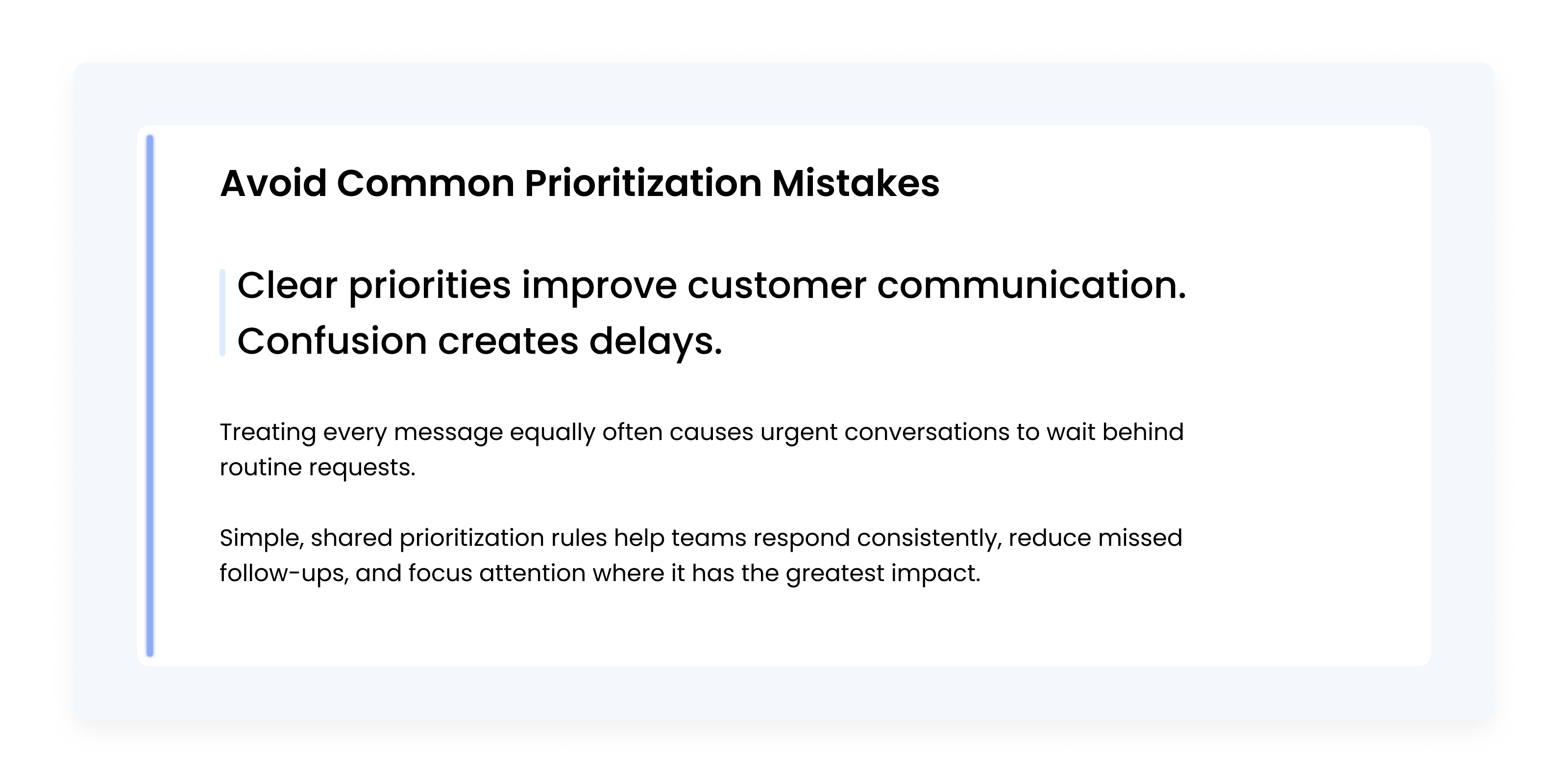 Callout card explaining that clear message prioritization improves customer communication by reducing confusion, missed follow-ups, and inconsistent decision-making.