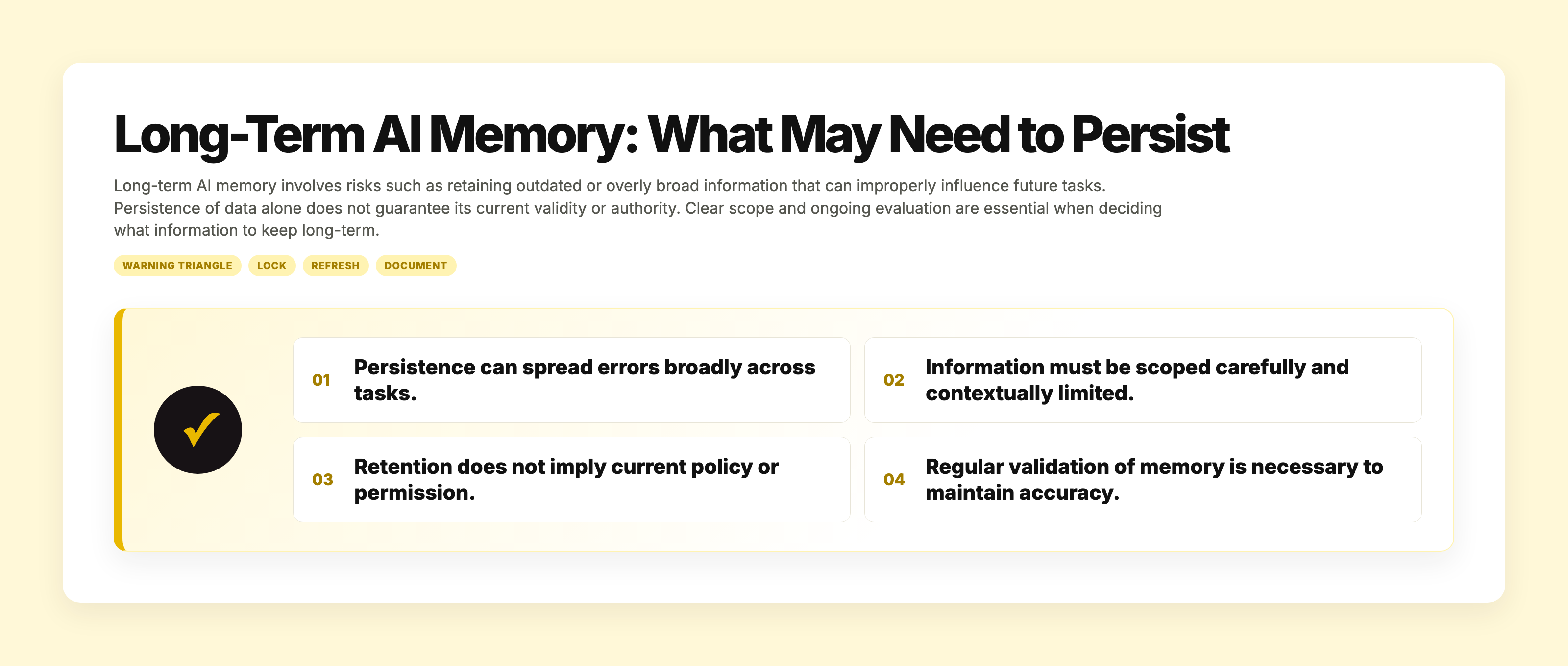 Warning highlighting the risks of persistent memory in AI and the importance of clear boundaries and ongoing validation.