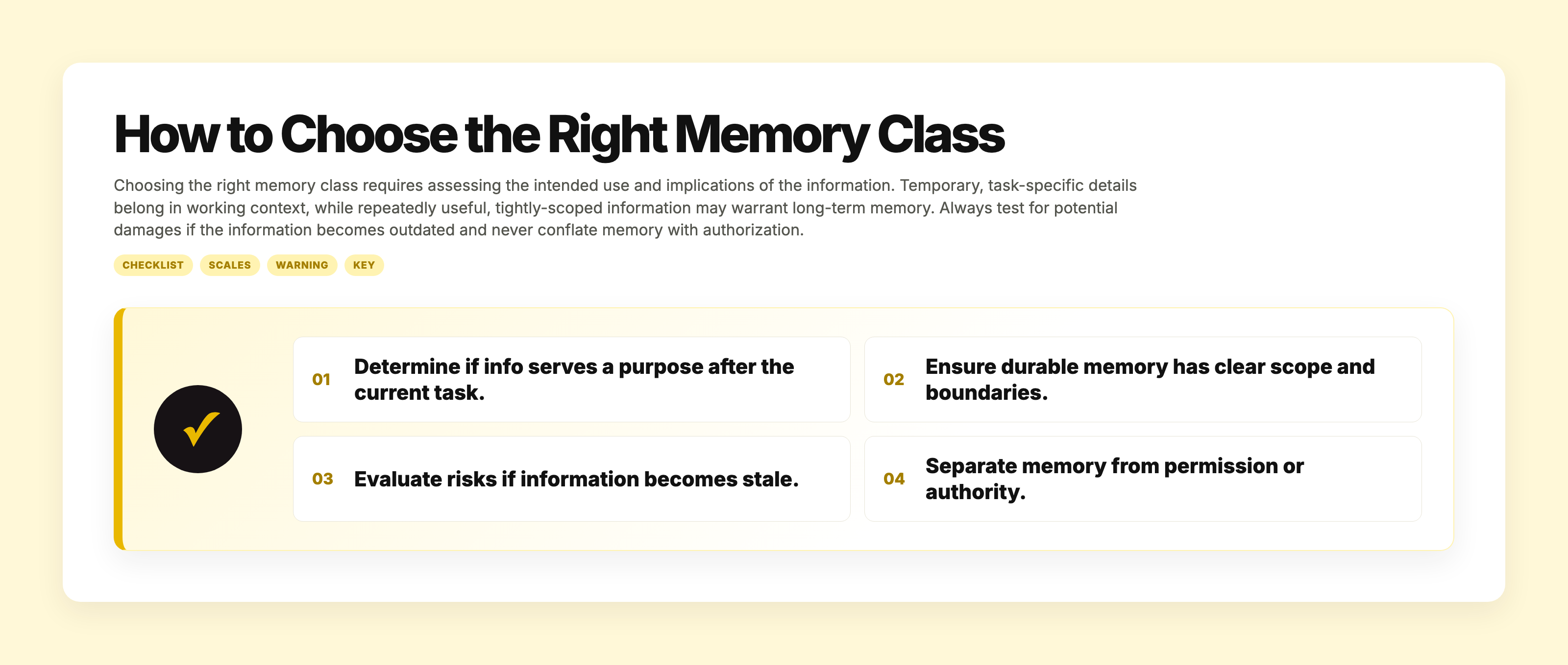 Guidance steps for choosing between working context and long-term AI memory, focusing on purpose, scope, currentness, and authority.
