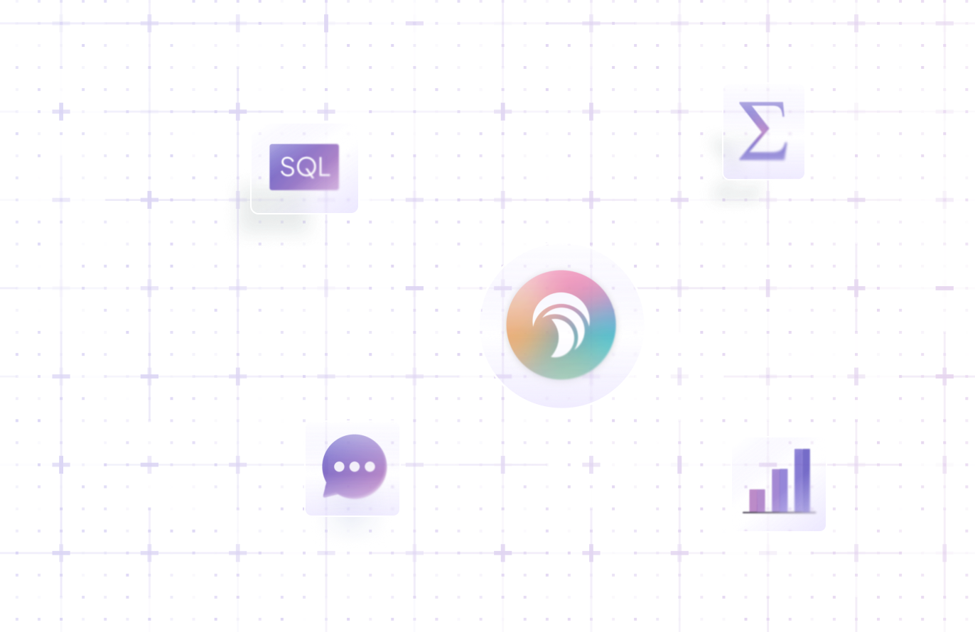 Central colorful circular icon surrounded by floating icons representing SQL, chat, summation symbol, and bar chart on a dark grid background.