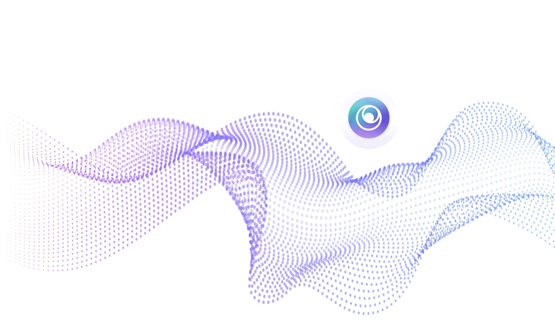 Abstract digital waveforms made of purple and blue dots with flowing white lines converging at a circular gradient icon.