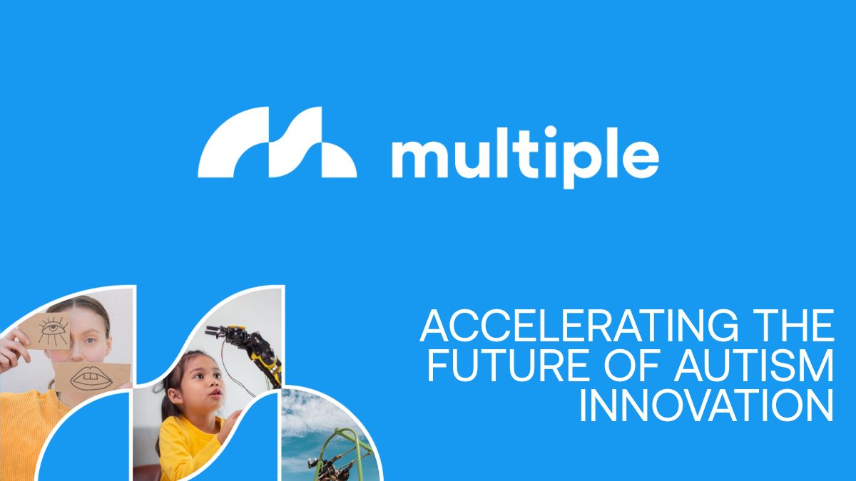Blue graphic with Multiple logo and tagline “Accelerating the Future of Autism Innovation,” with 3 small photos in shapes.