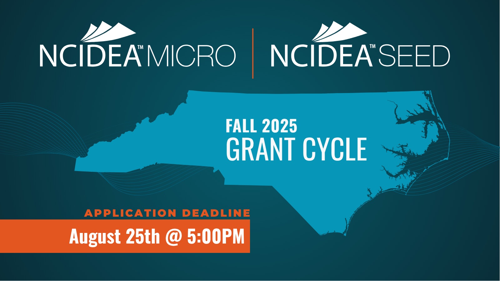 NC IDEA Fall 2025 Grant Cycle for MICRO and SEED. Apply by August 25 at 5 PM. NC map in background.