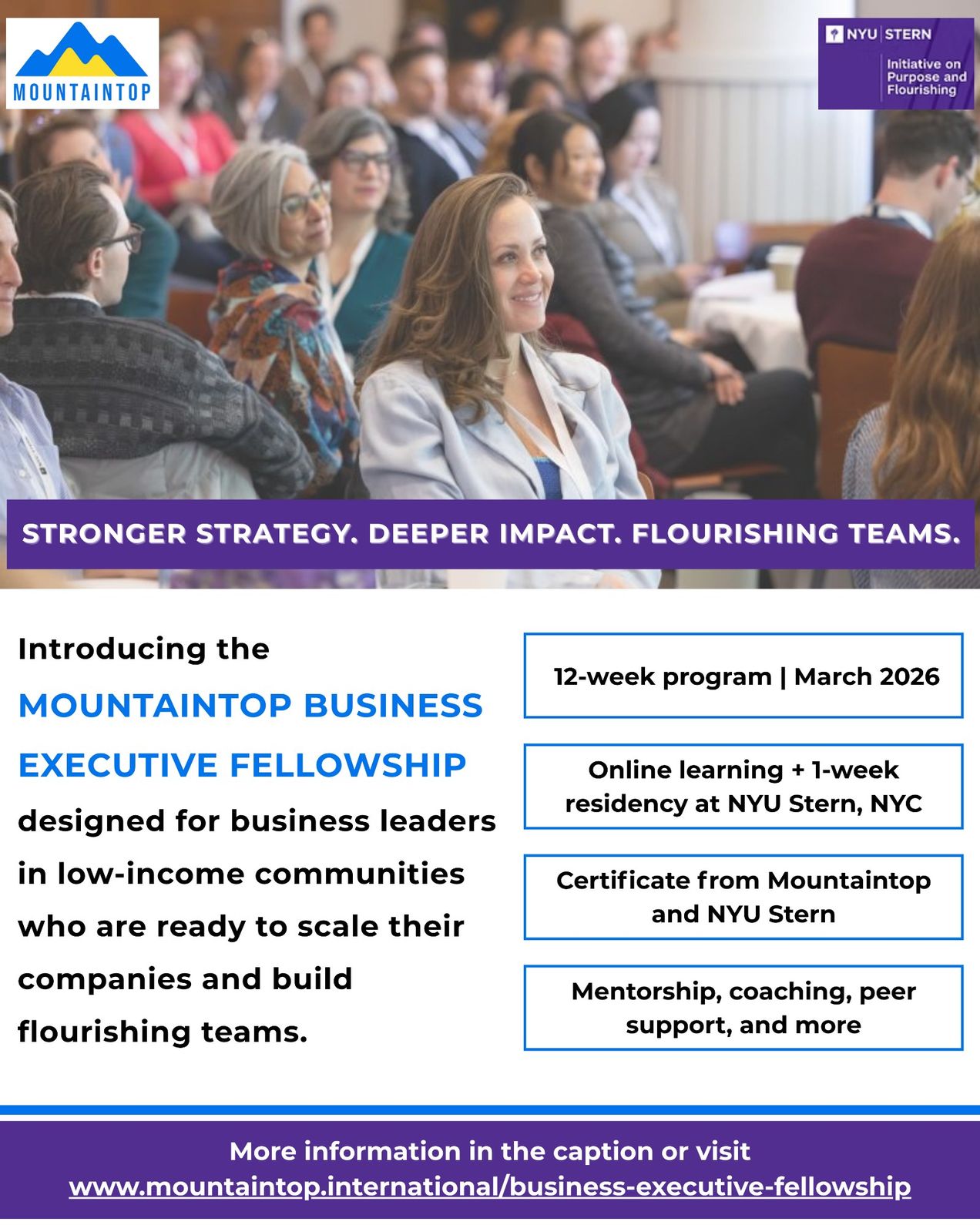 Mountaintop Executive Fellowship: A 12-week program for leaders in low-income communities to scale companies and build teams.