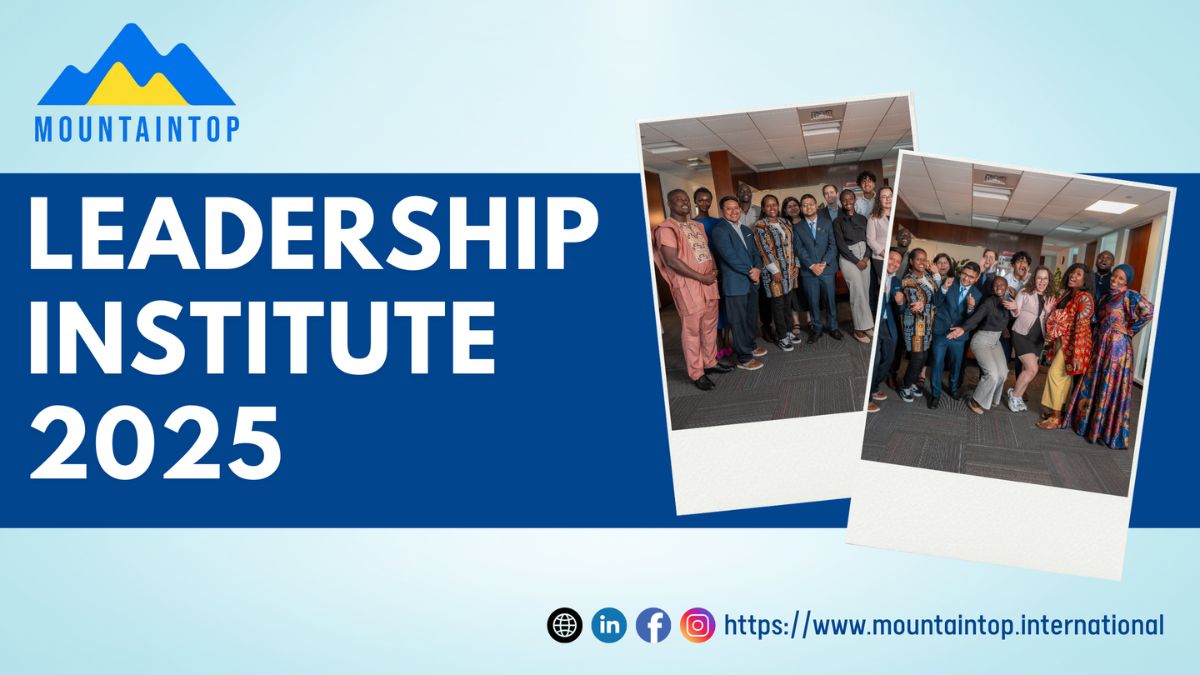 Group of Mountaintop Fellows at the 2025 Leadership Institute, smiling and posing indoors with the program title displayed.