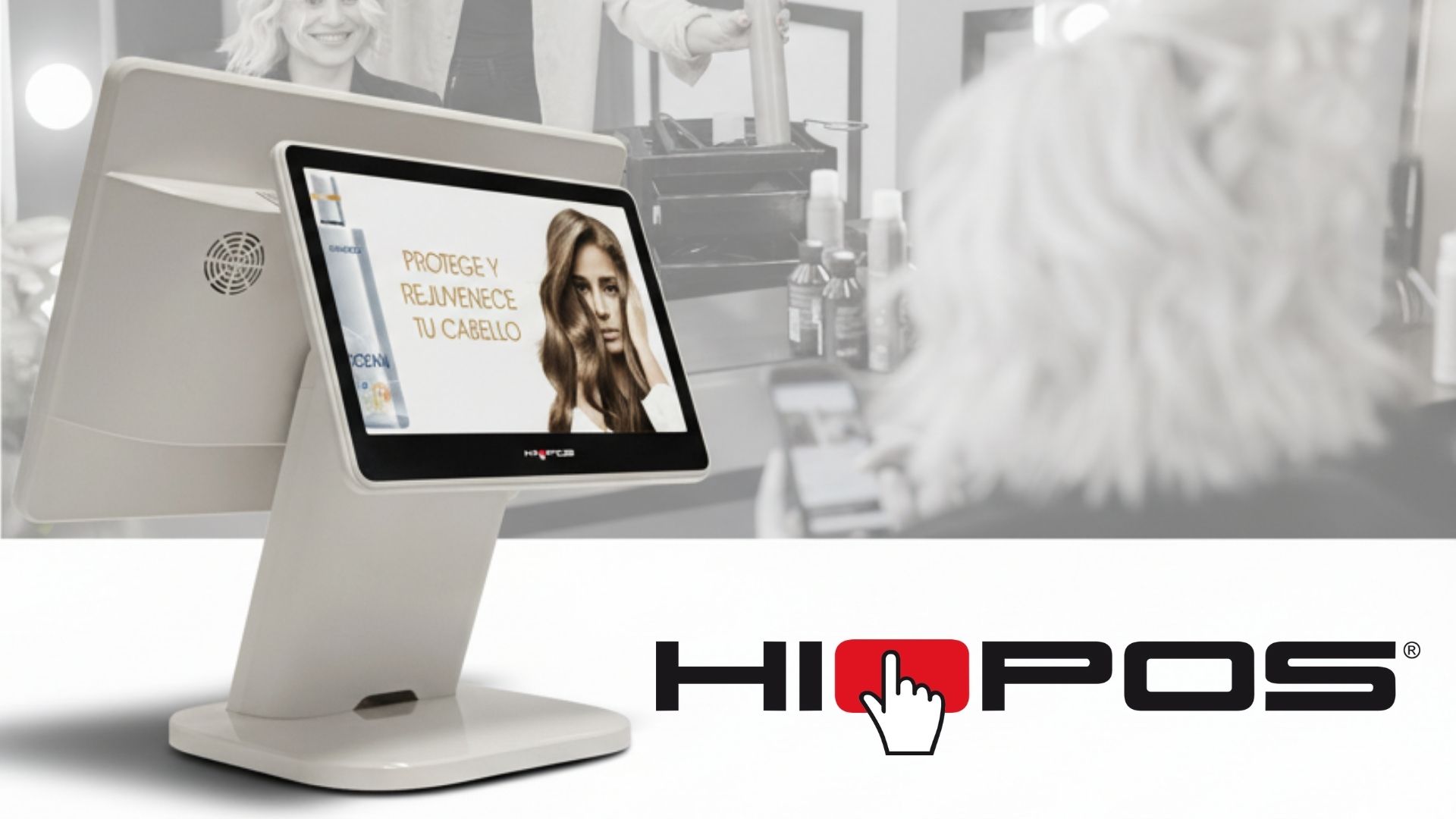 TPV Hiopos en primer plano con servicio de peluquería profesional de fondo en salón de belleza