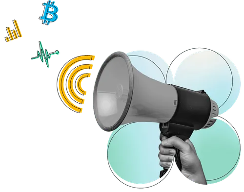 Hand golding a megaphone, blurting out some icons including RSS, pulse, bars, and Bitcoin.