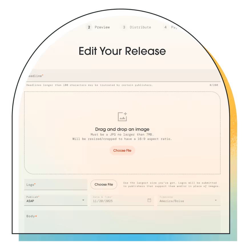 A stylized screenshot of the Bitwire press release creation UI.