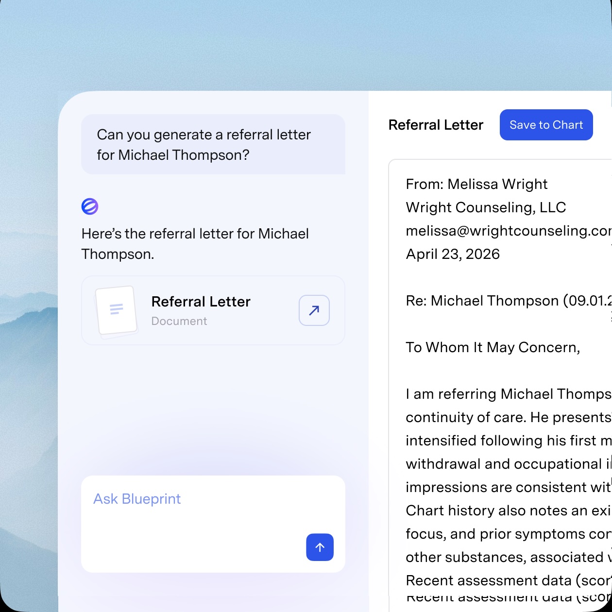 Blueprint AI Assistant drafting a clinical letter
