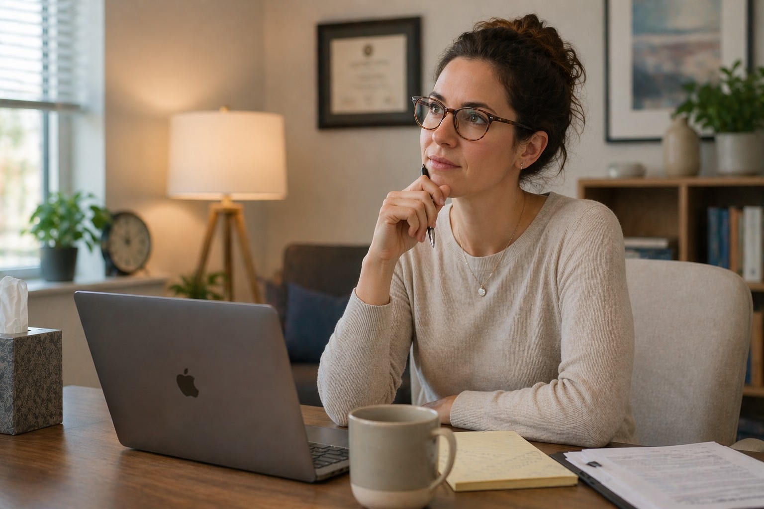 Therapist reviewing notes before a session
