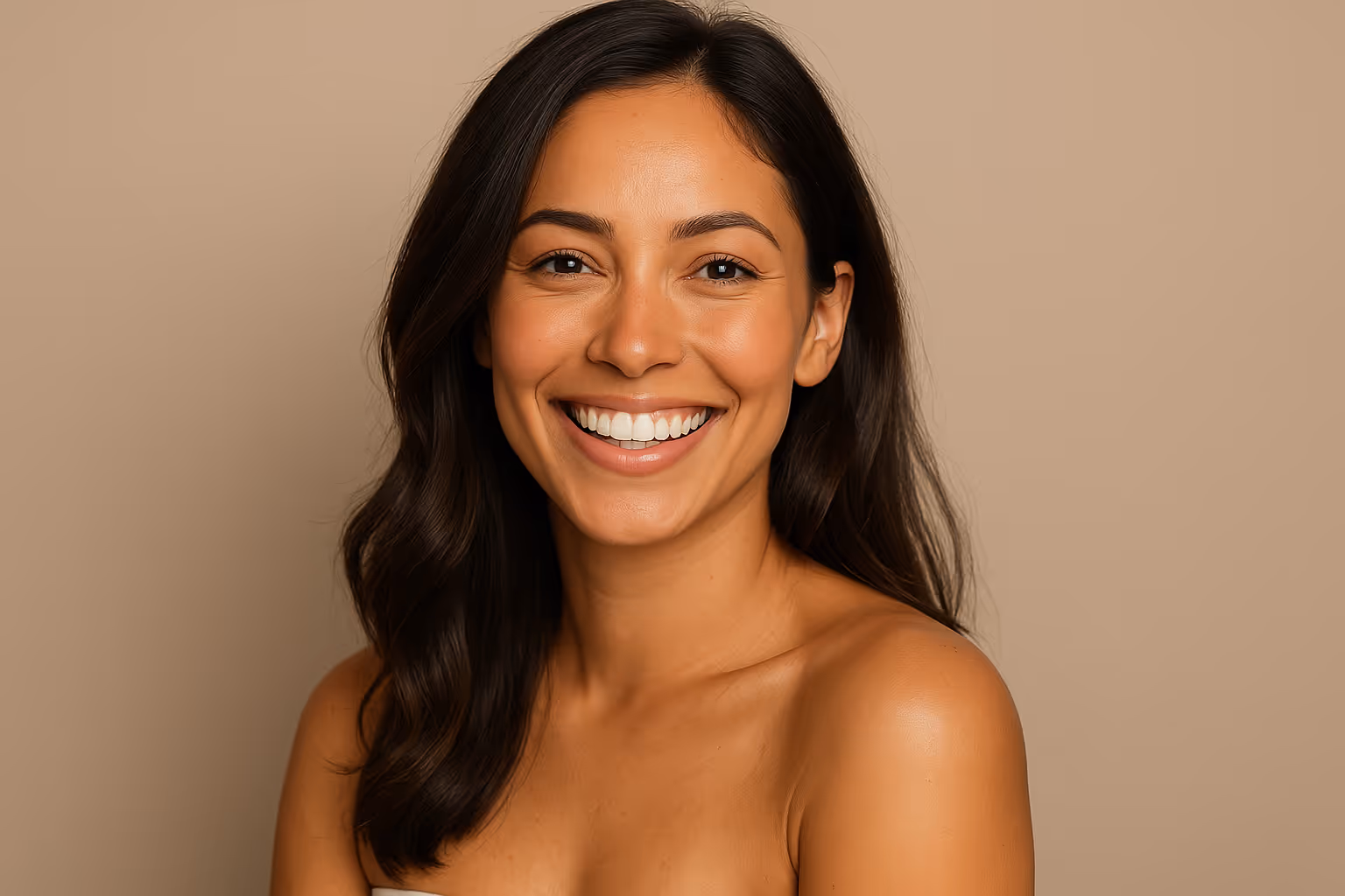 Smiling woman with glowing, healthy skin in a natural wellness setting, representing aesthetic treatments at Slae Aesthetics in Tampa, FL.