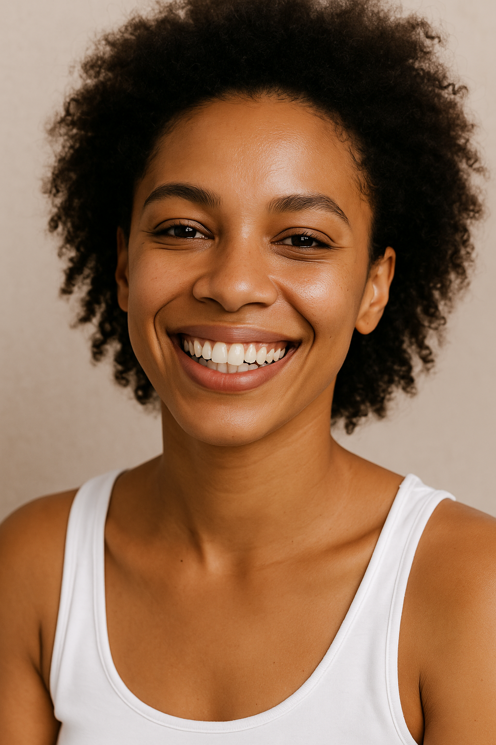 Smiling woman with glowing, healthy skin, representing wellness and natural radiance after treatments like IV Therapy, Chemical Peels, and Hydrafacial at a Tampa medspa.