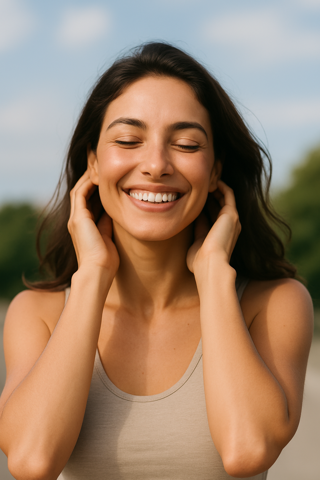 A smiling woman outdoors with glowing skin, symbolizing wellness and confidence for medical weight loss and med spa services in Tampa, FL.