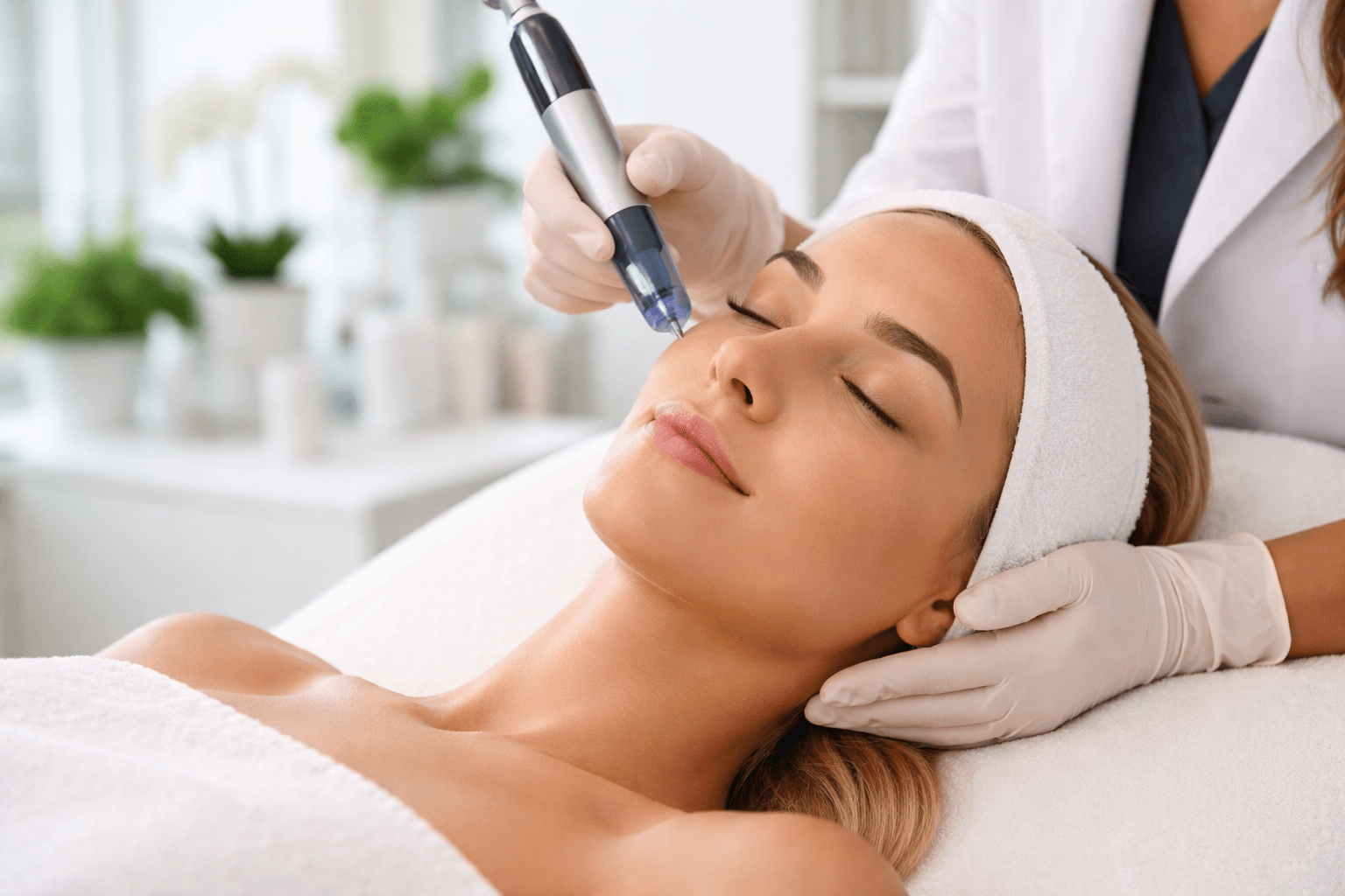 Woman receiving professional microneedling treatment at a Tampa, Florida, med spa to improve skin texture and collagen renewal.