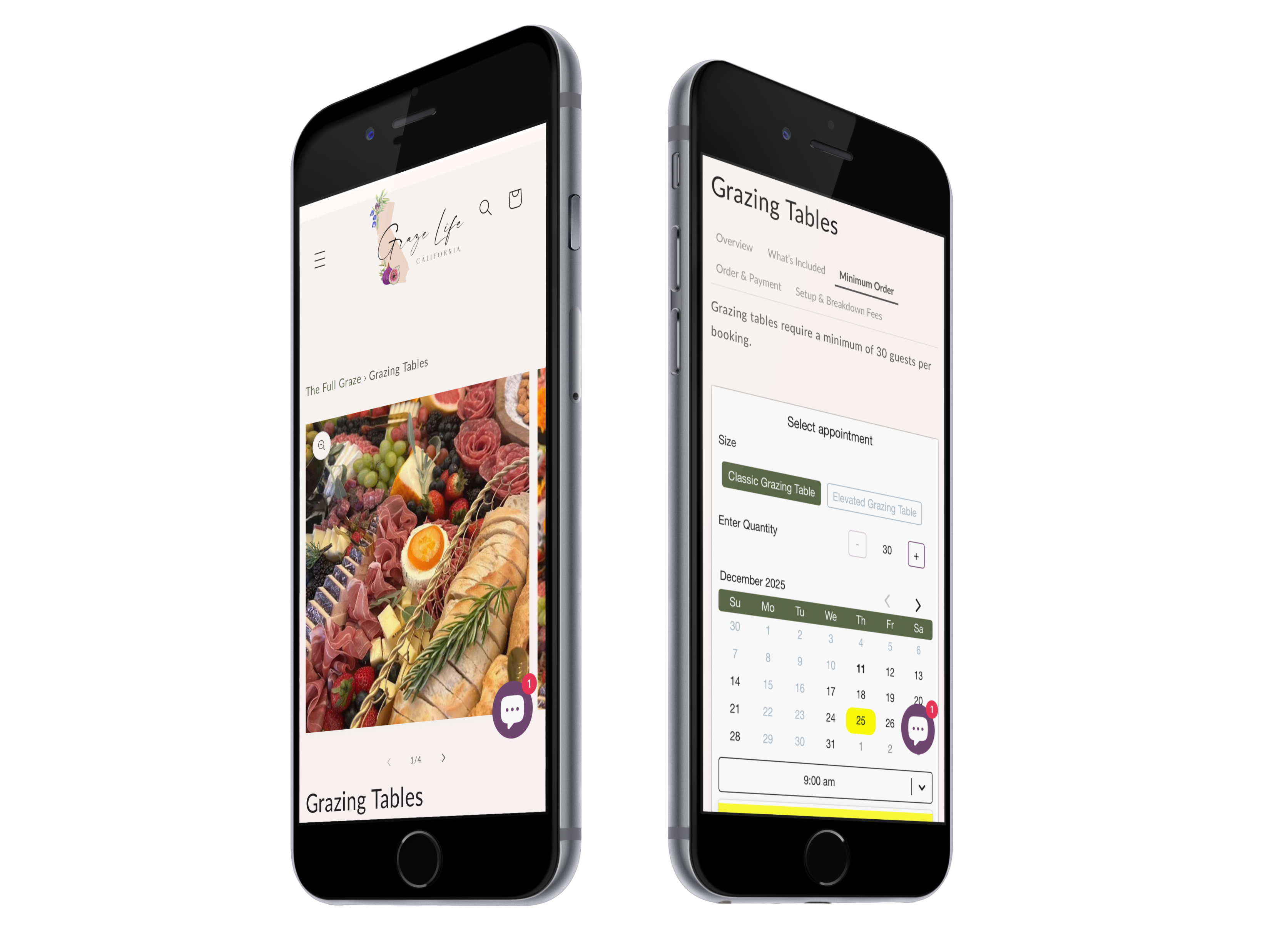2 Iphones with Graze Life Product page with calendar section