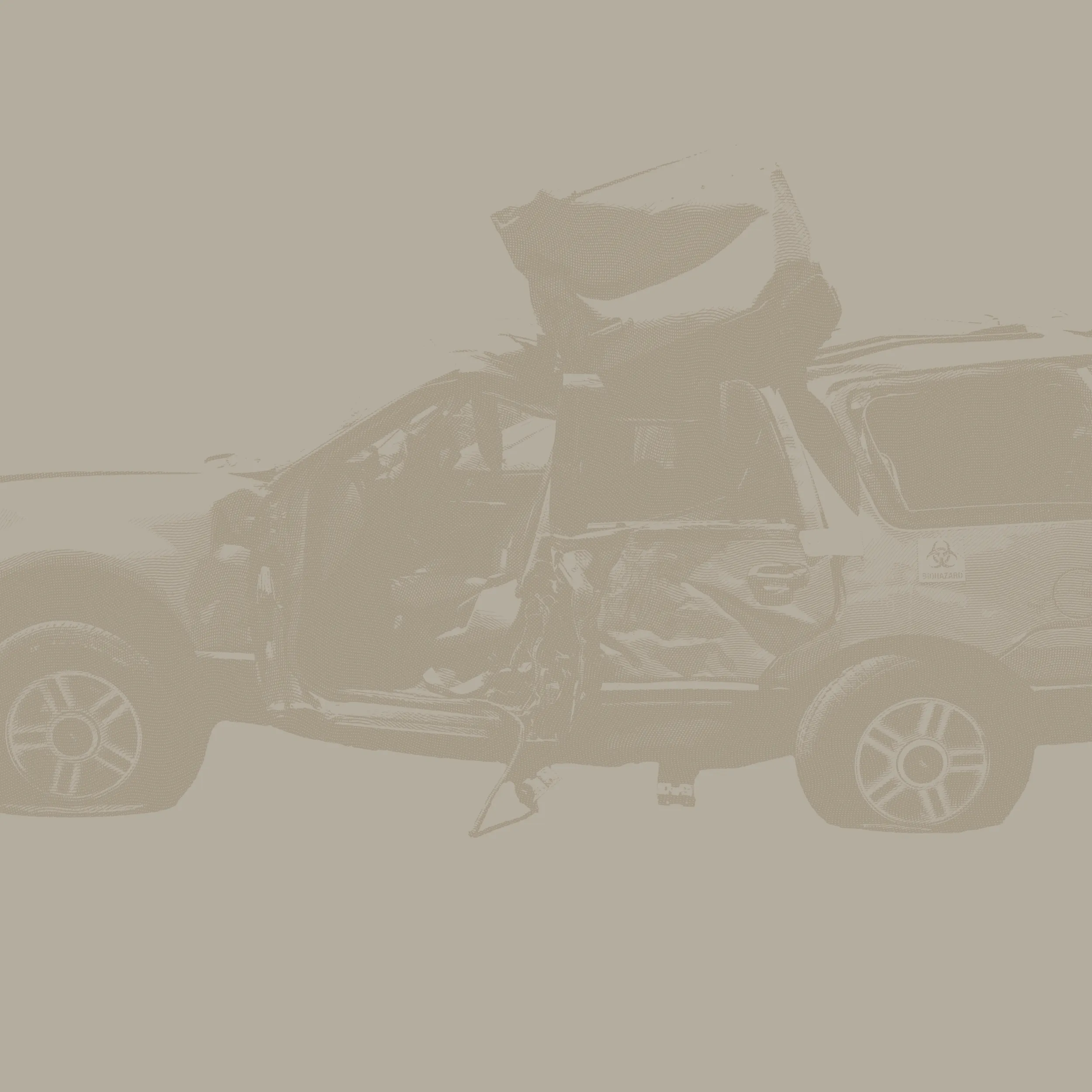 Damaged white SUV with open driver-side doors and hood, showing significant dents and a biohazard sticker on the rear side.