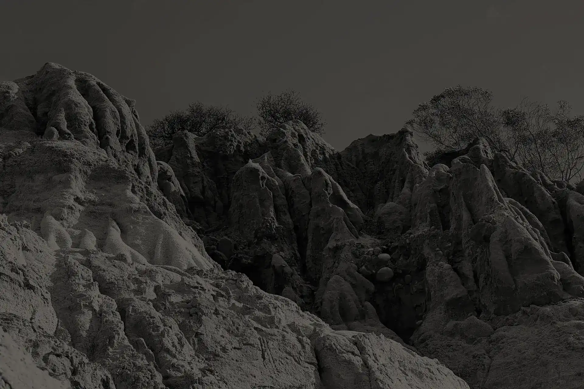 Rugged textured rock formations in Solana Beach with sparse shrubbery against a clear sky.