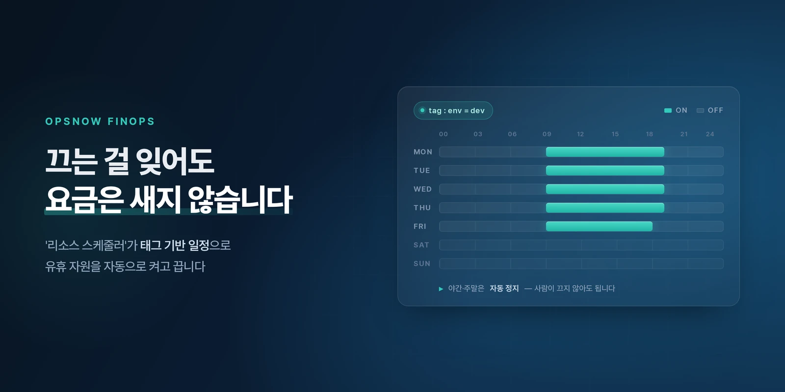 OpsNow FinOps 리소스 스케줄러 커버 - 평일 업무 시간에만 자원이 켜지고 야간·주말에는 자동 정지되는 주간 일정
