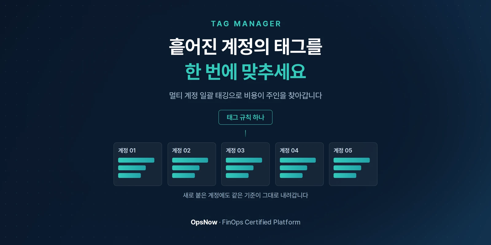 흩어진 계정의 태그를 한 번에 맞추세요 — 태그 규칙 하나가 여러 계정에 함께 적용되는 모습을 보여주는 배너