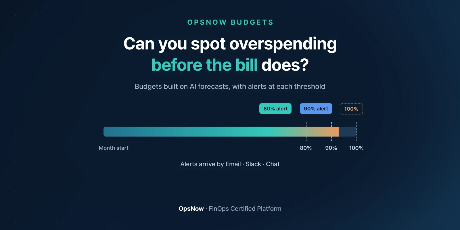 OpsNow Budgets banner: can you spot overspending before the bill? Alerts at 80%, 90% and 100% of budget