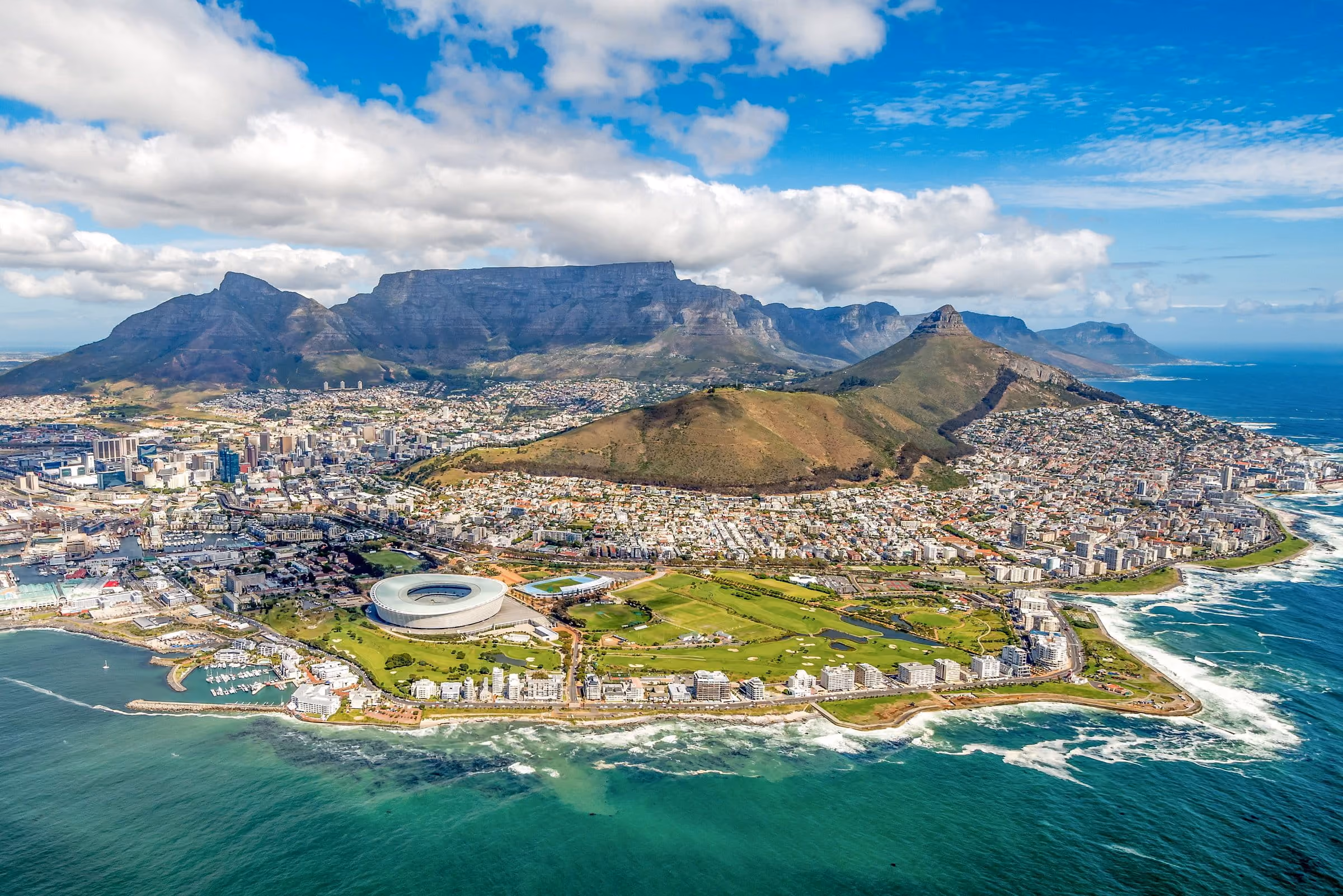Aerial view of Cape Town with Table Mountain, Lion's Head, the city centre and the Atlantic waterfront