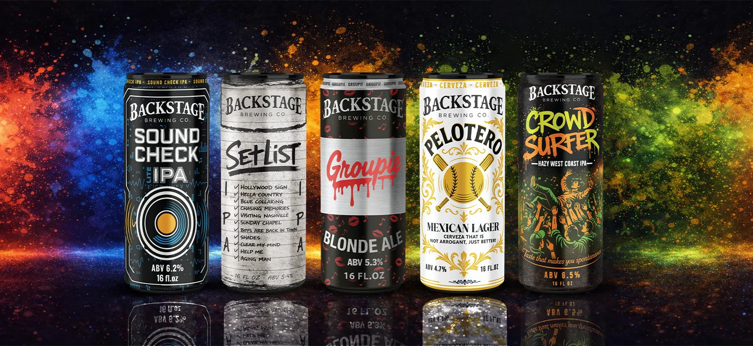 Five colorful cans of Backstage Brewing Co. beers lined up against a black background with splashes of red, blue, orange, yellow, and green. The beer names visible are Sound Check IPA, Set List, Groupie Blonde Ale, Pelotero Mexican Lager, and Crowd Surfer Hazy West Coast IPA, with their ABV and volume details.