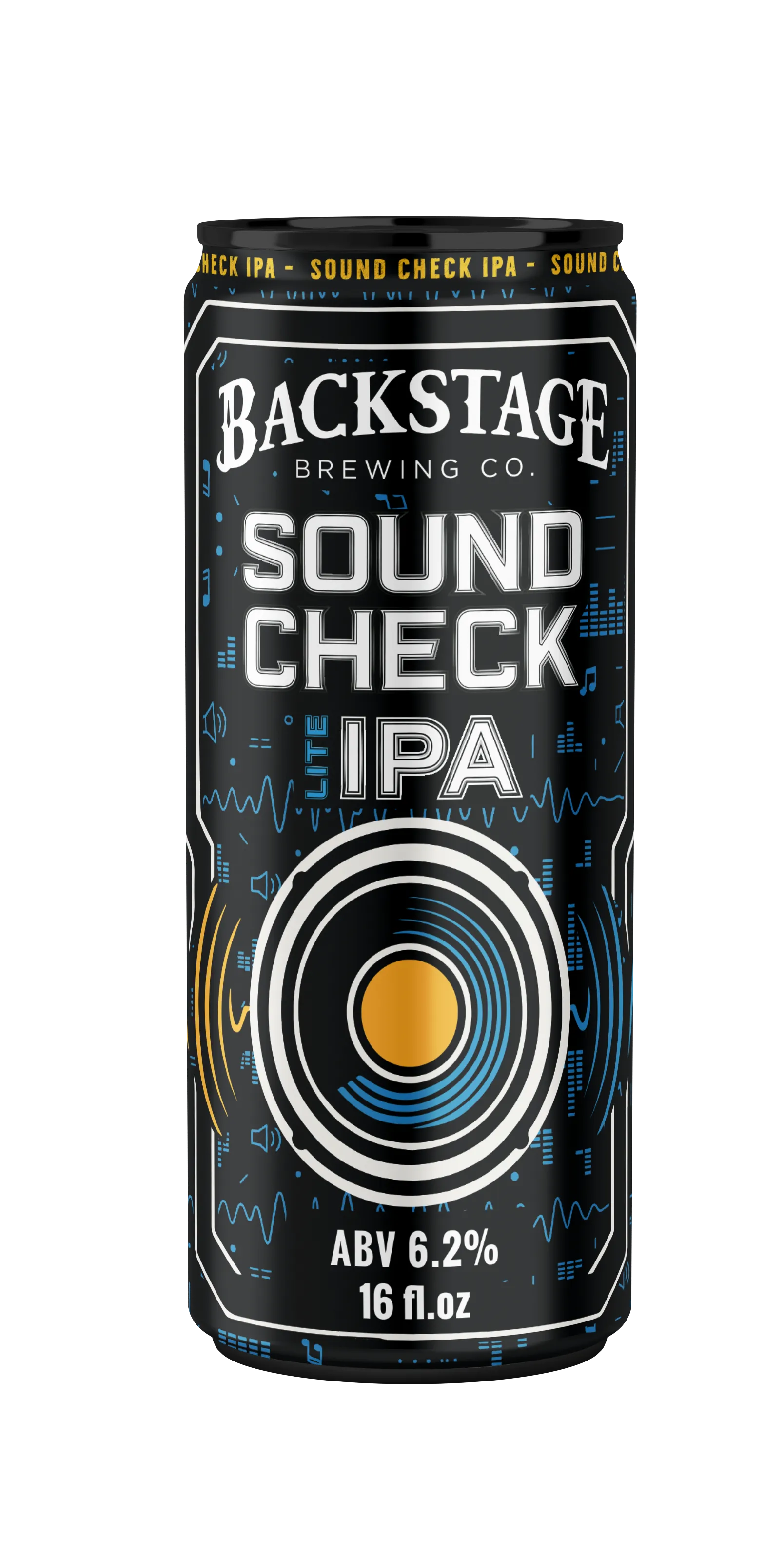 Black beer can from Backstage Brewing Co. labeled Sound Check Lite IPA, with 6.2% ABV and 16 fl. oz volume, featuring a circular speaker design and music-themed graphics in blue and orange.