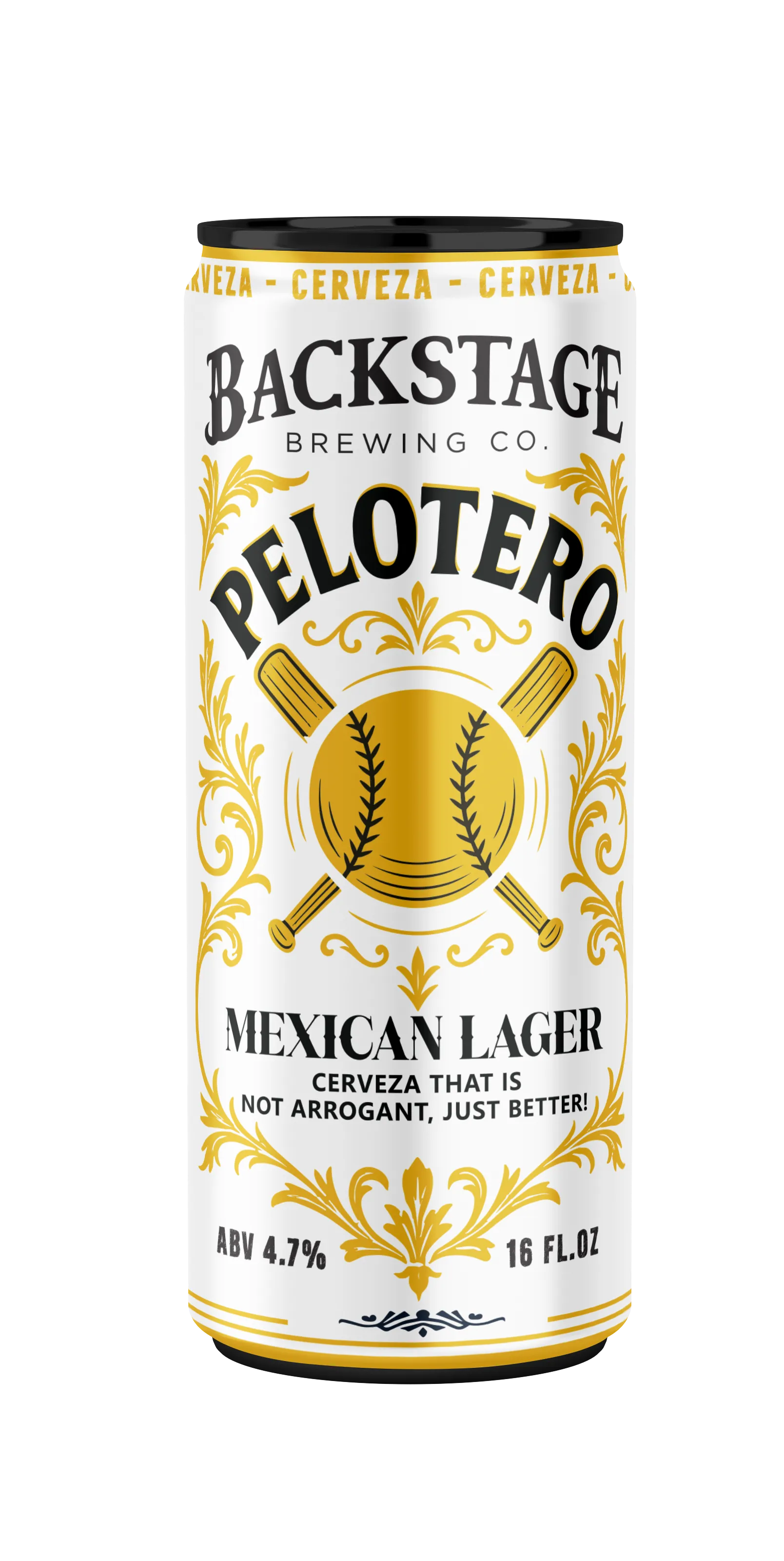A white can of Backstage Brewing Co. Pelotero Mexican Lager beer featuring a gold baseball and crossed bats design, gold decorative accents, and text stating 'Cerveza that is not arrogant, just better!' with 4.7% ABV and 16 fl. oz. volume.