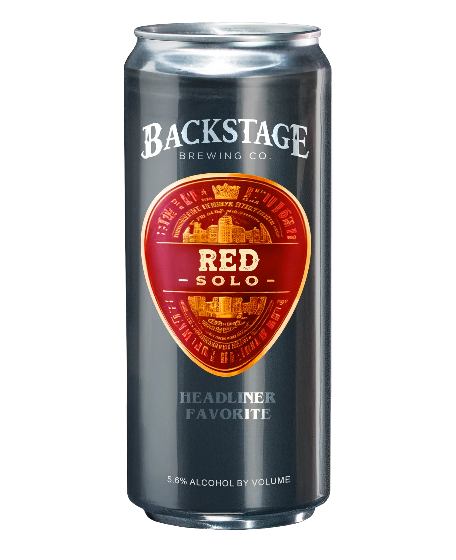 Can of Backstage Brewing Co. beer labeled Red Solo with a red guitar pick-shaped emblem, stating Headliner Favorite and 5.6% alcohol by volume.