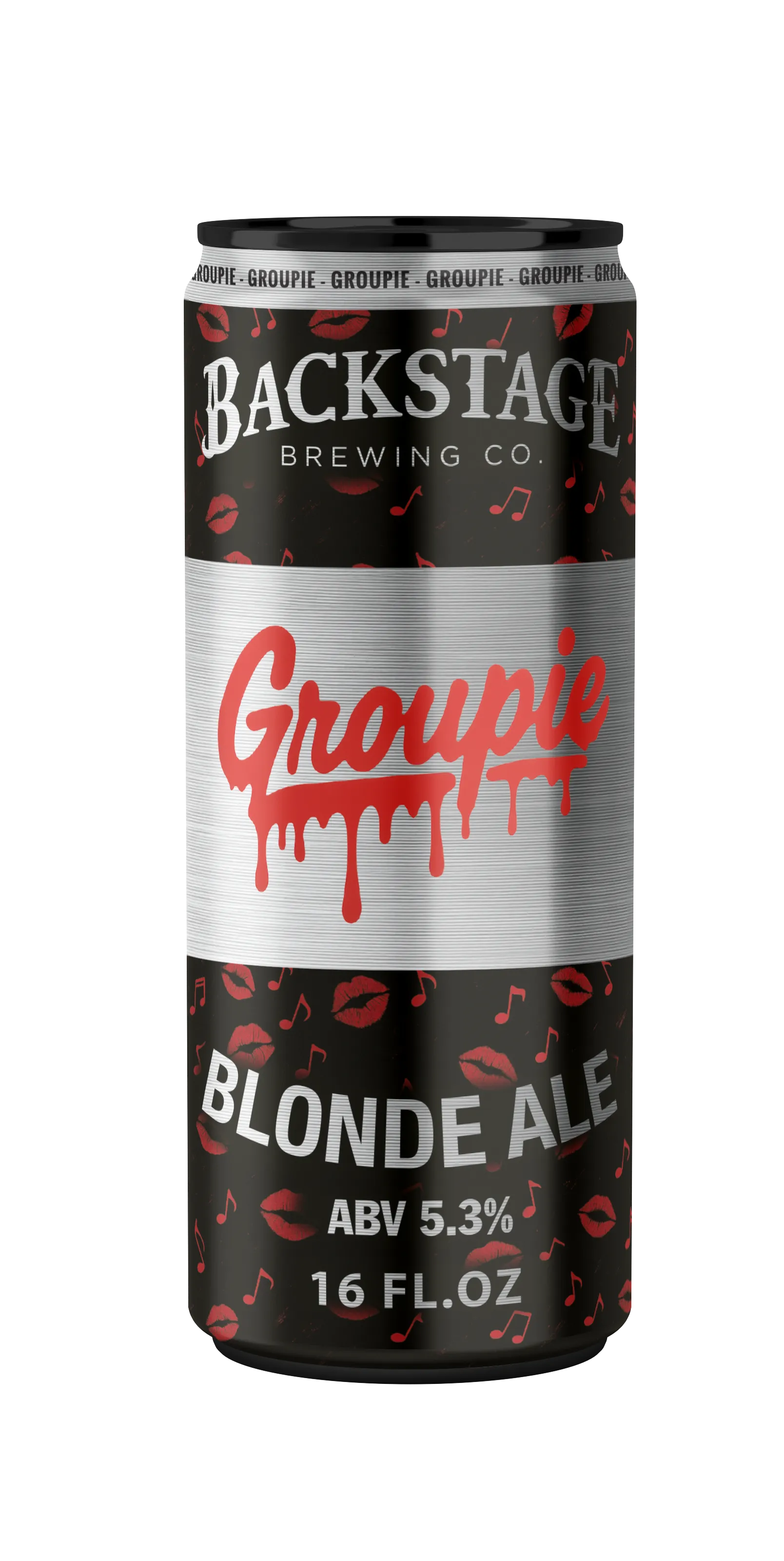 Tall black can of Backstage Brewing Co. Groupie Blonde Ale with 5.3% ABV and 16 fl. oz, decorated with red lipstick marks and music notes.