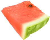 A single wedge of ripe watermelon with red flesh, white rind, and green skin showing a small dark spot on the flesh.